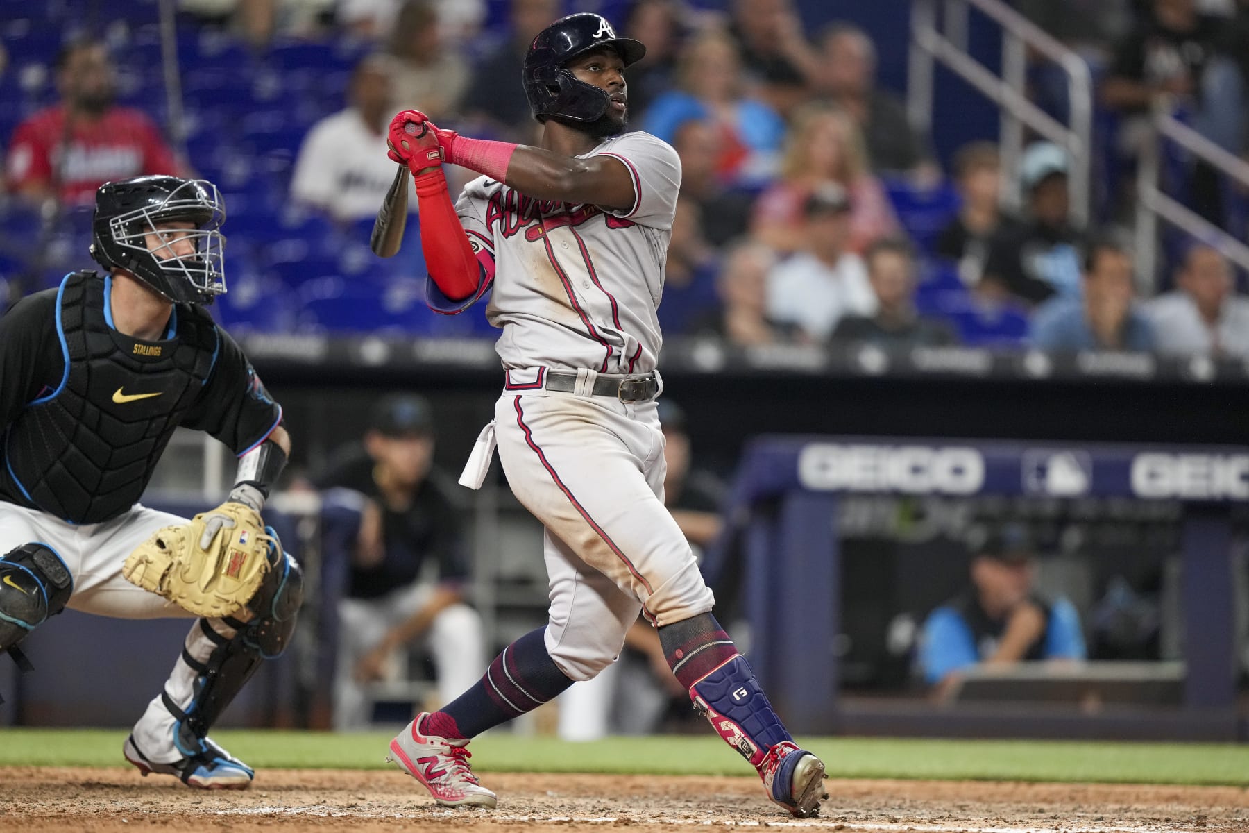 MIAMI, FLORIDA - AUGUST 12: Michael Harris II #23 of the Atlanta Braves hits a home run in the eighth inning against the Miami Marlins at loanDepot park on August 12, 2022 in Miami, Florida. (Photo by Eric Espada/Getty Images) MIAMI, FLORIDA - AUGUST 12: Michael Harris II #23 of the Atlanta Braves hits a home run in the eighth inning against the Miami Marlins at loanDepot park on August 12, 2022 in Miami, Florida. (Photo by Eric Espada/Getty Images)
