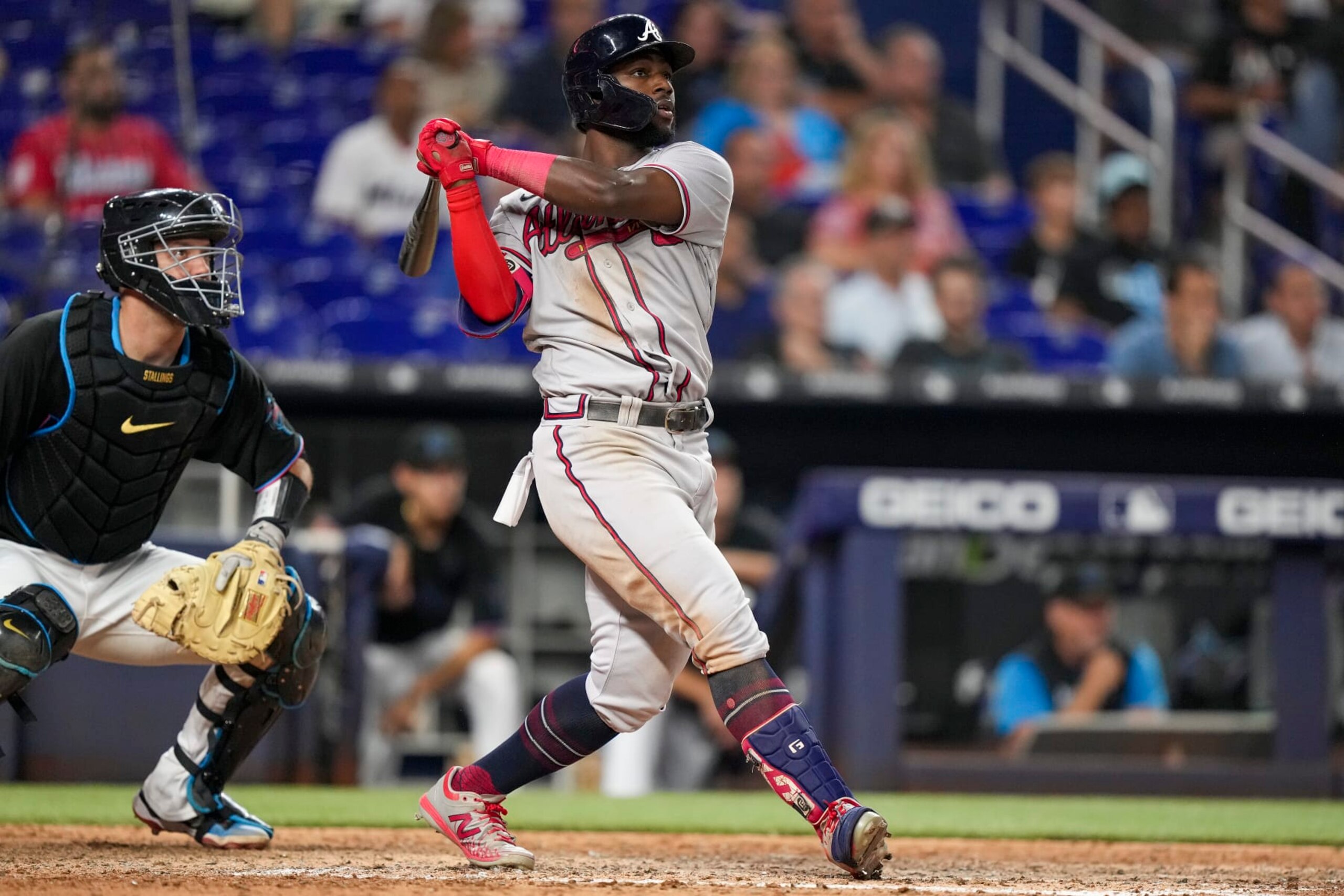 MIAMI, FLORIDA - AUGUST 12: Michael Harris II #23 of the Atlanta Braves hits a home run in the eighth inning against the Miami Marlins at loanDepot park on August 12, 2022 in Miami, Florida. (Photo by Eric Espada/Getty Images)