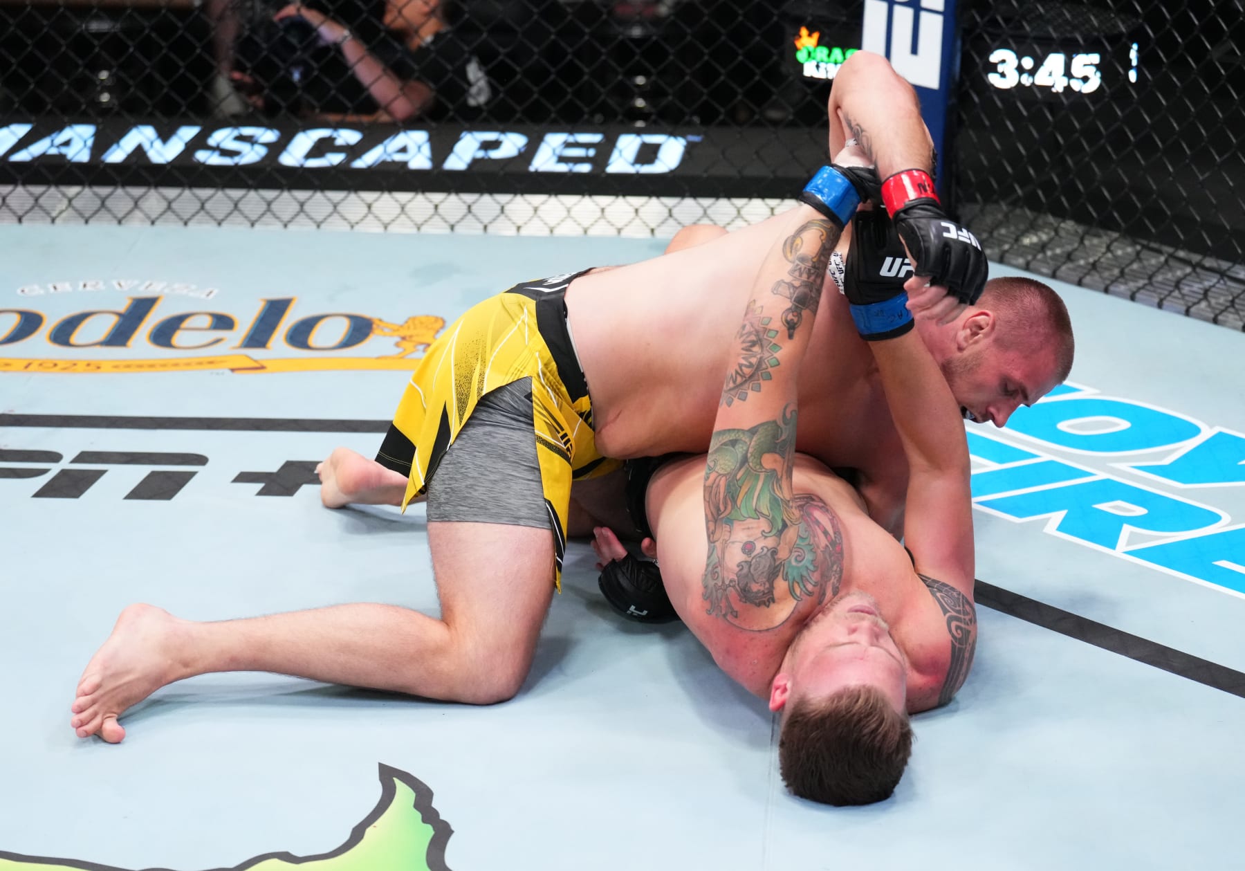 LAS VEGAS, NEVADA - APRIL 30: (L-R) Alexandr Romanov of Moldova battles Chase Sherman in a heavyweight fight during the UFC Fight Night event at UFC APEX on April 30, 2022 in Las Vegas, Nevada. (Photo by Chris Unger/Zuffa LLC)