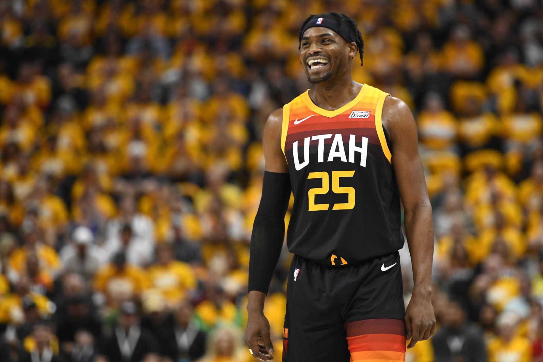 SALT LAKE CITY, UTAH - APRIL 21: Danuel House Jr. #25 of the Utah Jazz reacts to a play during the first half of Game Three of the Western Conference First Round Playoffs against the Dallas Mavericks at Vivint Smart Home Arena on April 21, 2022 in Salt Lake City, Utah. NOTE TO USER: User expressly acknowledges and agrees that, by downloading and/or using this Photograph, user is consenting to the terms and conditions of the Getty Images License Agreement. (Photo by Alex Goodlett/Getty Images)