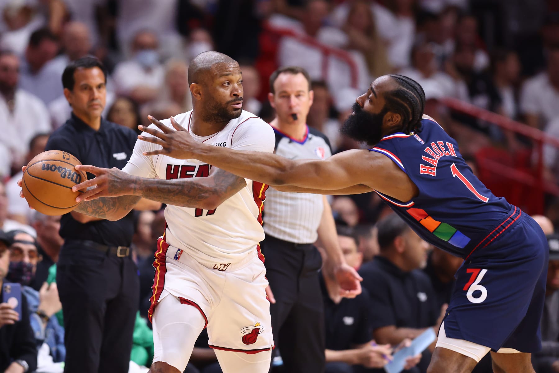 MIAMI, FLORIDA - MAY 04: P.J. Tucker #17 of the Miami Heat is defended by James Harden #1 of the Philadelphia 76ers during the first half in Game Two of the Eastern Conference Semifinals at FTX Arena on May 04, 2022 in Miami, Florida. NOTE TO USER: User expressly acknowledges and agrees that, by downloading and or using this photograph, User is consenting to the terms and conditions of the Getty Images License Agreement. (Photo by Michael Reaves/Getty Images)