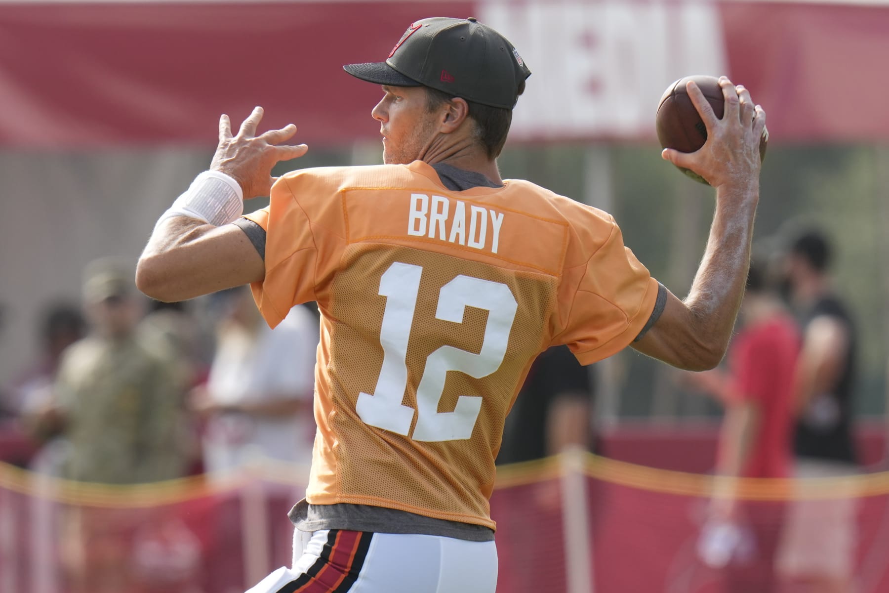 Tampa Bay Buccaneers quarterback Tom Brady during an NFL football training camp practice Wednesday, Aug. 10, 2022, in Tampa, Fla. (AP Photo/Chris O'Meara)