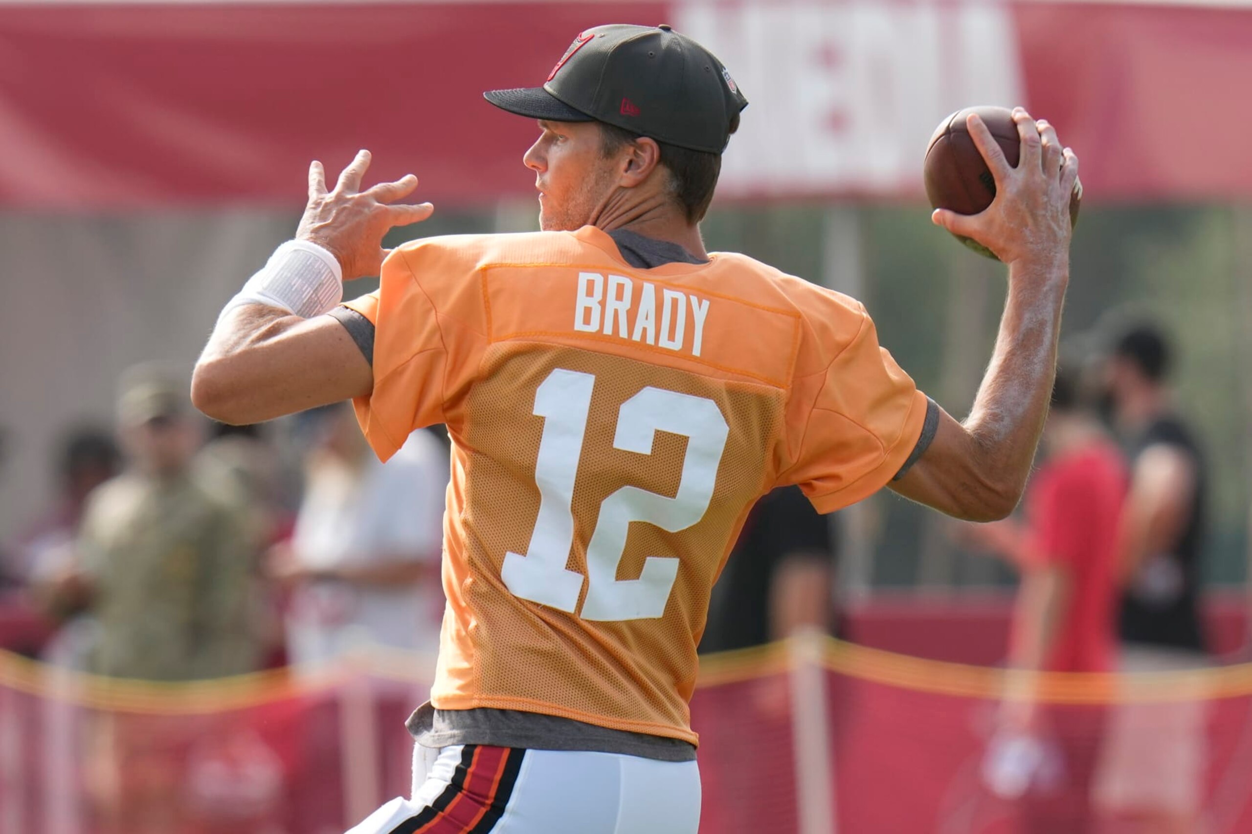 Tampa Bay Buccaneers quarterback Tom Brady during an NFL football training camp practice Wednesday, Aug. 10, 2022, in Tampa, Fla. (AP Photo/Chris O'Meara) Tampa Bay Buccaneers quarterback Tom Brady during an NFL football training camp practice Wednesday, Aug. 10, 2022, in Tampa, Fla. (AP Photo/Chris O'Meara)