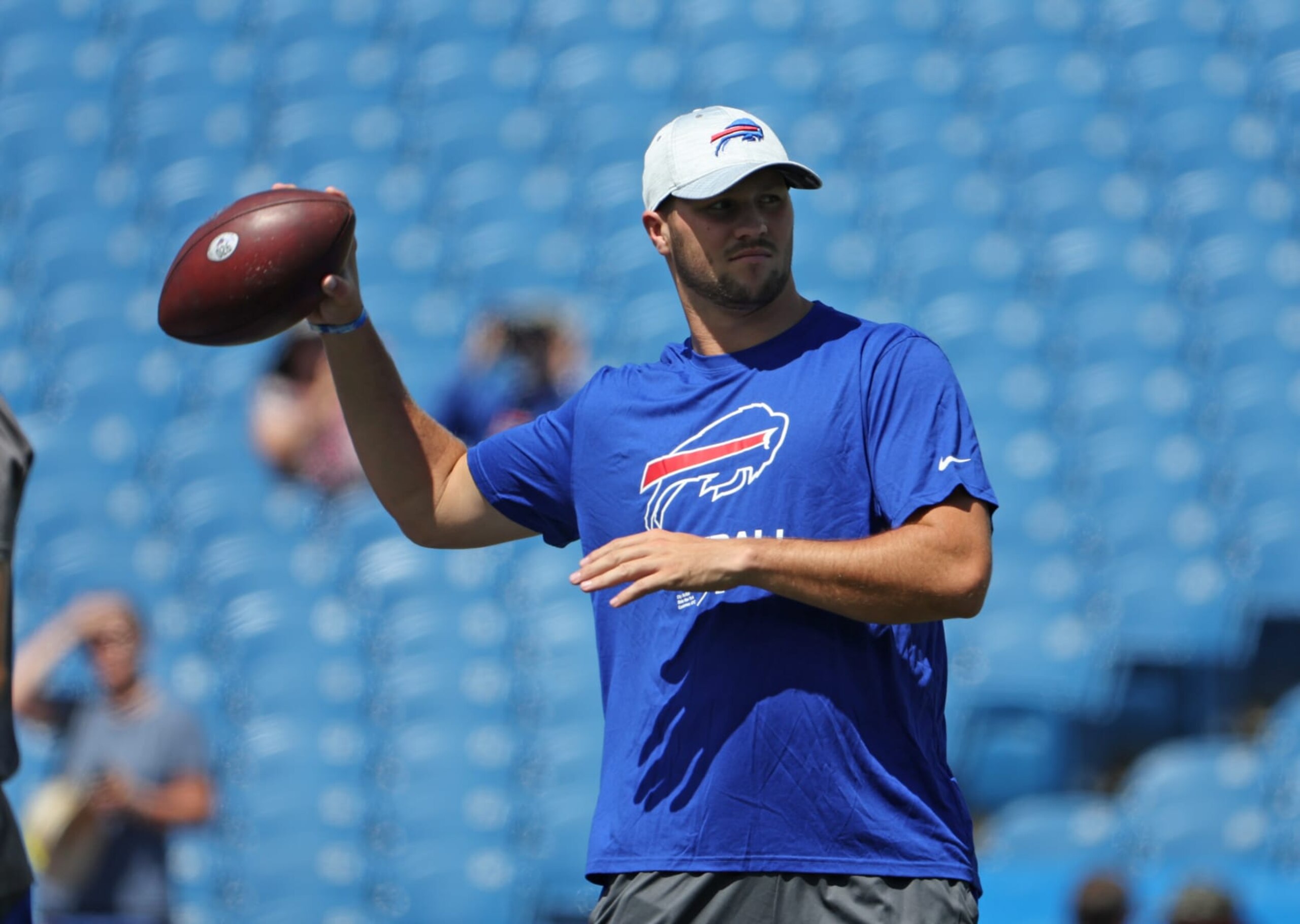 ORCHARD PARK, NY - AUGUST 13: Josh Allen #17 of the Buffalo Bills throws a pass before a preseason game against the Indianapolis Colts at Highmark Stadium on August 13, 2022 in Orchard Park, New York. (Photo by Timothy T Ludwig/Getty Images) ORCHARD PARK, NY - AUGUST 13: Josh Allen #17 of the Buffalo Bills throws a pass before a preseason game against the Indianapolis Colts at Highmark Stadium on August 13, 2022 in Orchard Park, New York. (Photo by Timothy T Ludwig/Getty Images)