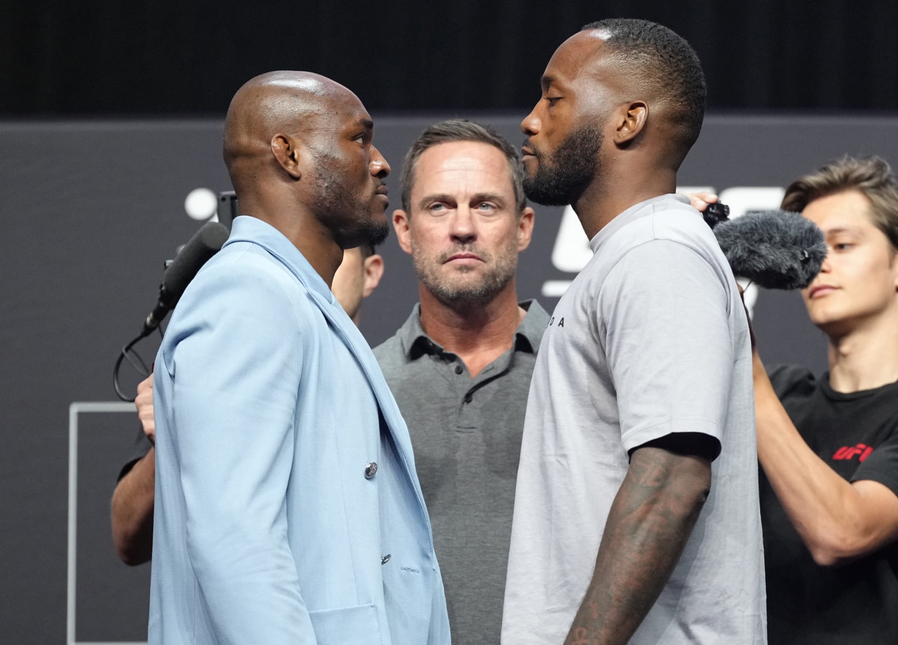 LAS VEGAS, NEVADA - JULY 01: (L-R) Opponents Kamaru Usman and Leon Edwards face off during the UFC 276 ceremonial weigh-in at T-Mobile Arena on July 01, 2022 in Las Vegas, Nevada. (Photo by Jeff Bottari/Zuffa LLC)