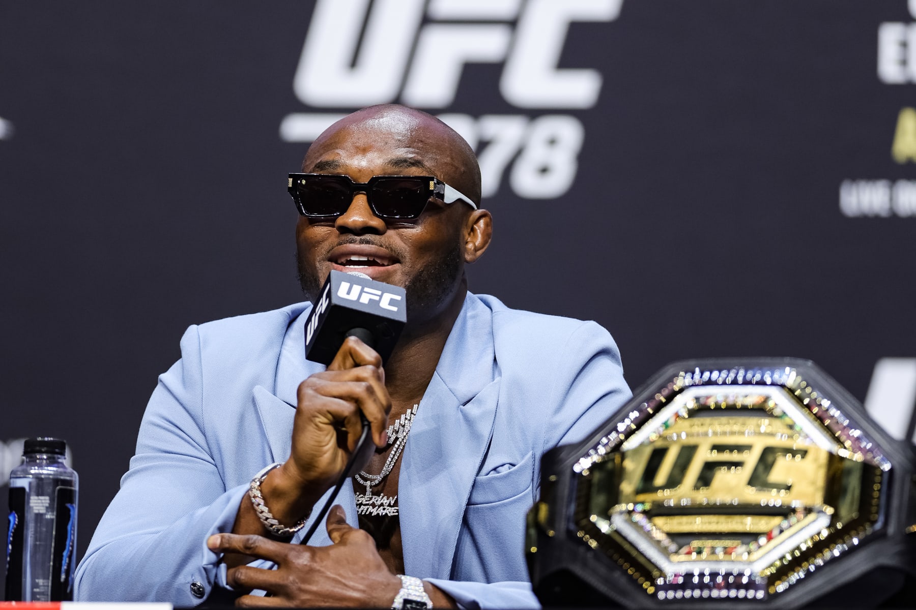 LAS VEGAS, NEVADA - JULY 01: UFC welterweight champion Kamaru Usman is seen on stage during the UFC 276 ceremonial weigh-in at T-Mobile Arena on July 01, 2022 in Las Vegas, Nevada. (Photo by Carmen Mandato/Getty Images)