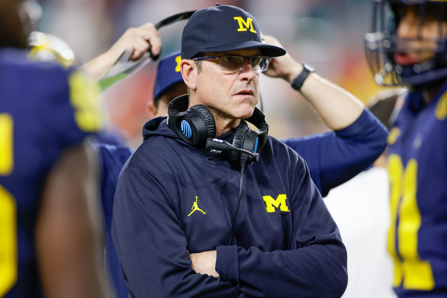 MIAMI GARDENS, FL - DECEMBER 31: Michigan Wolverines head coach Jim Harbaugh during the Capital One Orange Bowl game between the Georgia Bulldogs and the Michigan Wolverines on December 31, 2021 at Hard Rock Stadium in Miami Gardens, Fl.  (Photo by David Rosenblum/Icon Sportswire via Getty Images)