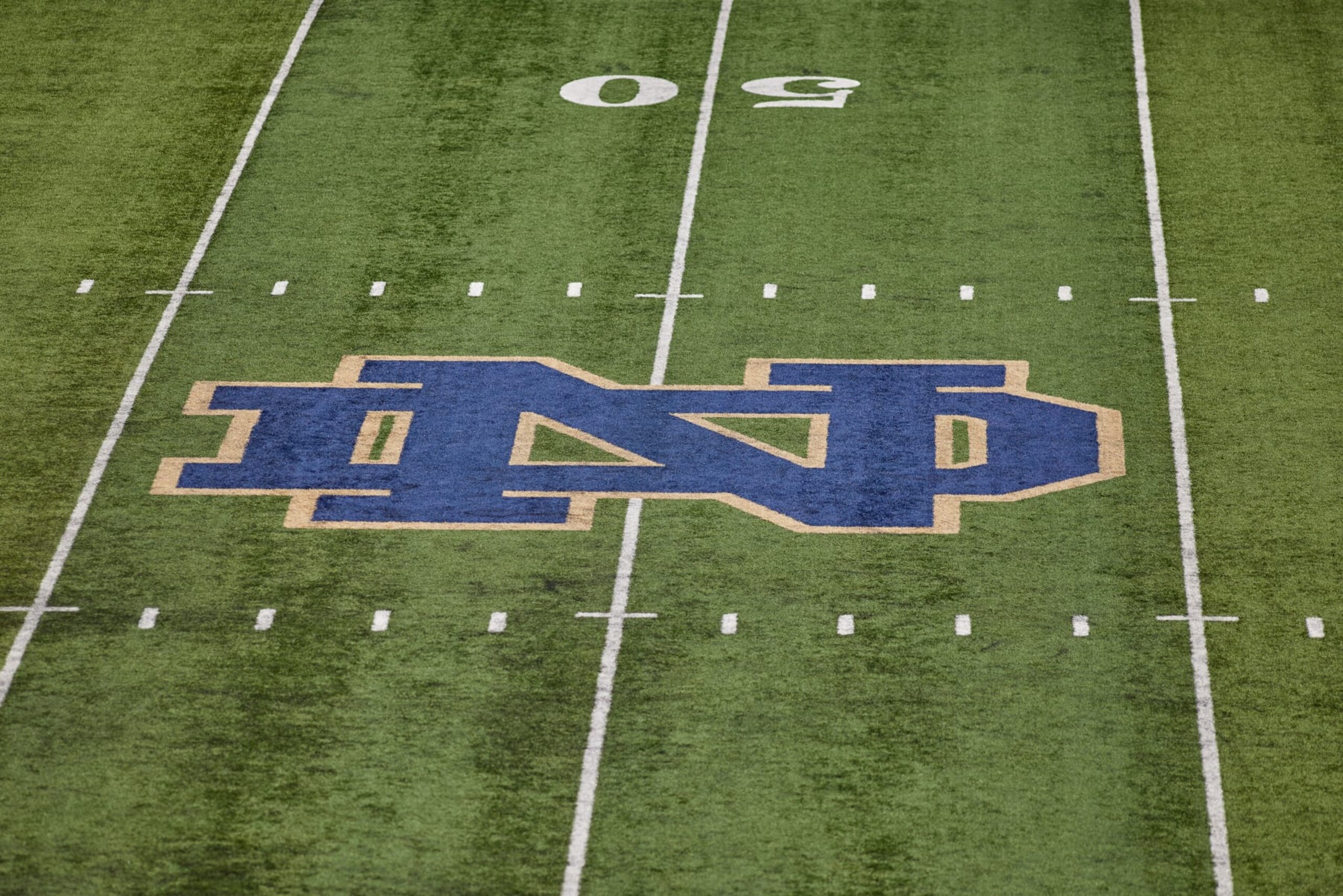 SOUTH BEND, IN - SEPTEMBER 11: A detail view of the Notre Dame Fighting Irish logo is seen at the center of the field during a game between the Notre Dame Fighting Irish and the Toledo Rockets on September 11, 2021 at Notre Dame Stadium, in South Bend, IN. (Photo by Robin Alam/Icon Sportswire via Getty Images)