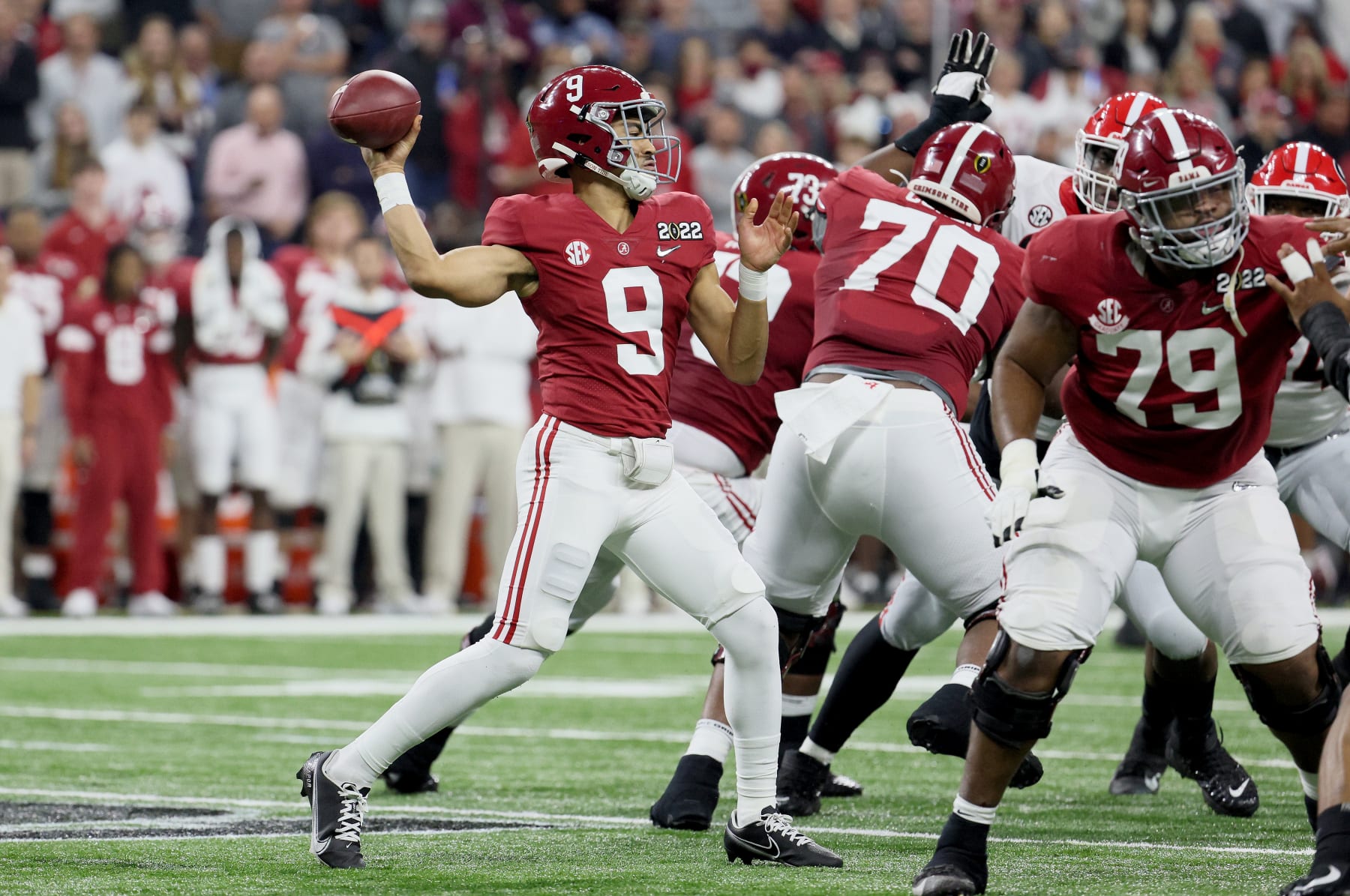 INDIANAPOLIS, INDIANA - JANUARY 10:  Bryce Young #9 of the Alabama Crimson Tide against the Georgia Bulldogs at Lucas Oil Stadium on January 10, 2022 in Indianapolis, Indiana. (Photo by Andy Lyons/Getty Images)