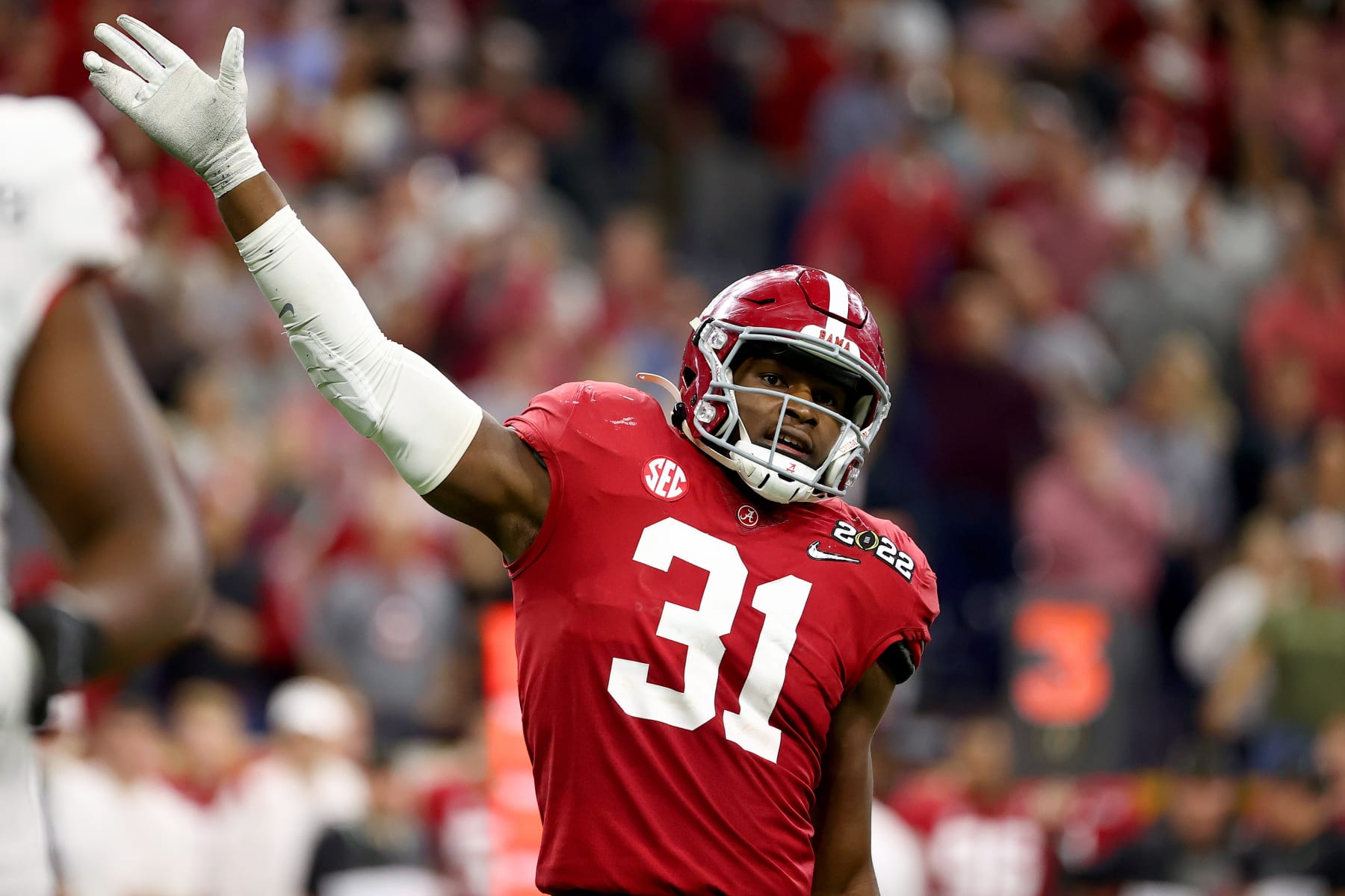 INDIANAPOLIS, IN - JANUARY 10: Will Anderson Jr. #31 of the Alabama Crimson Tide celebrates a play against the Georgia Bulldogs during the College Football Playoff Championship held at Lucas Oil Stadium on January 10, 2022 in Indianapolis, Indiana. (Photo by Jamie Schwaberow/Getty Images)