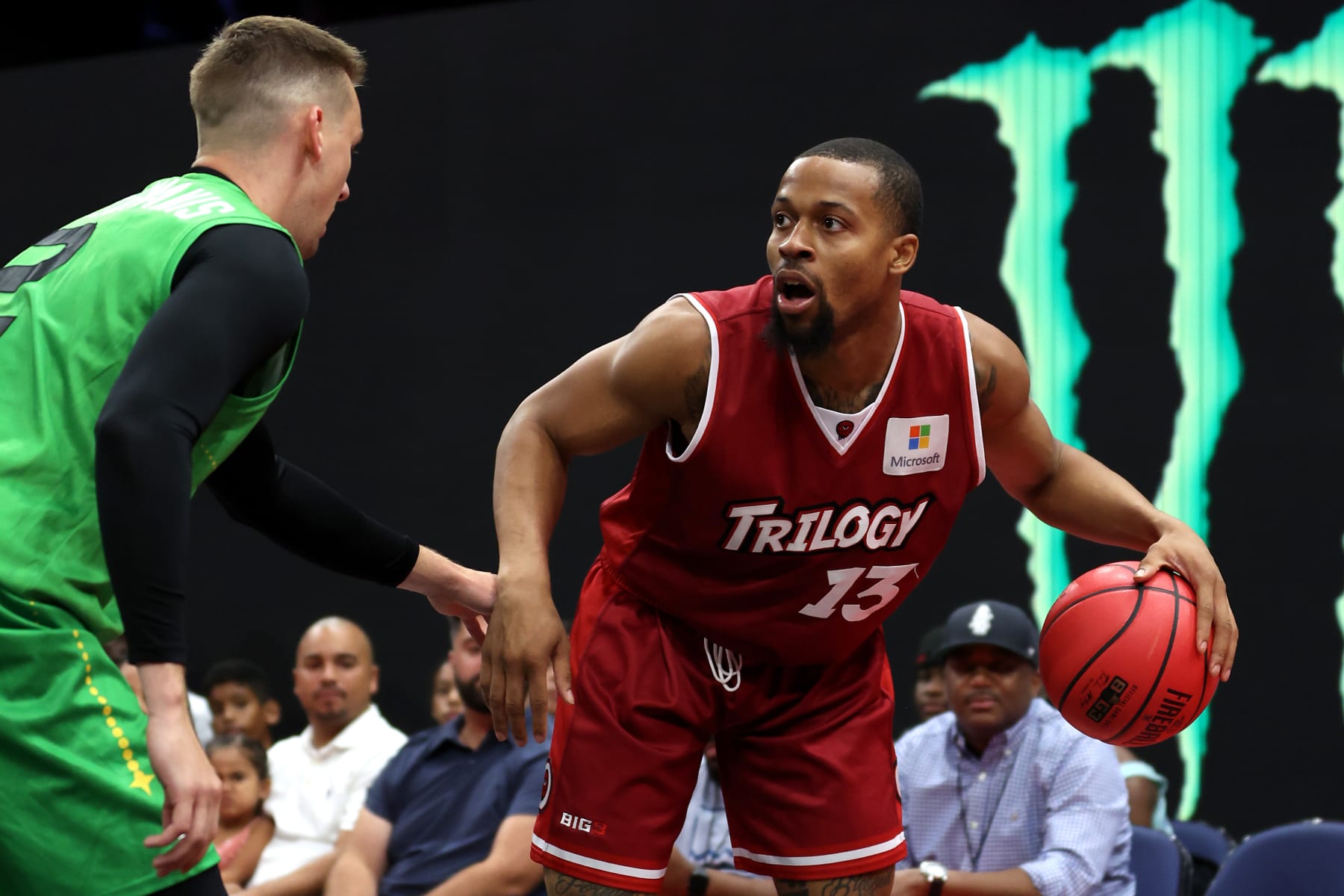 TAMPA, FLORIDA - AUGUST 14: Karlis Lasmanis #2 of the Aliens defends against Isaiah Briscoe #13 of the Trilogy during the BIG3 Playoffs on August 14, 2022 at Amalie Arena in Tampa, Florida. (Photo by Mike Ehrmann/Getty Images)