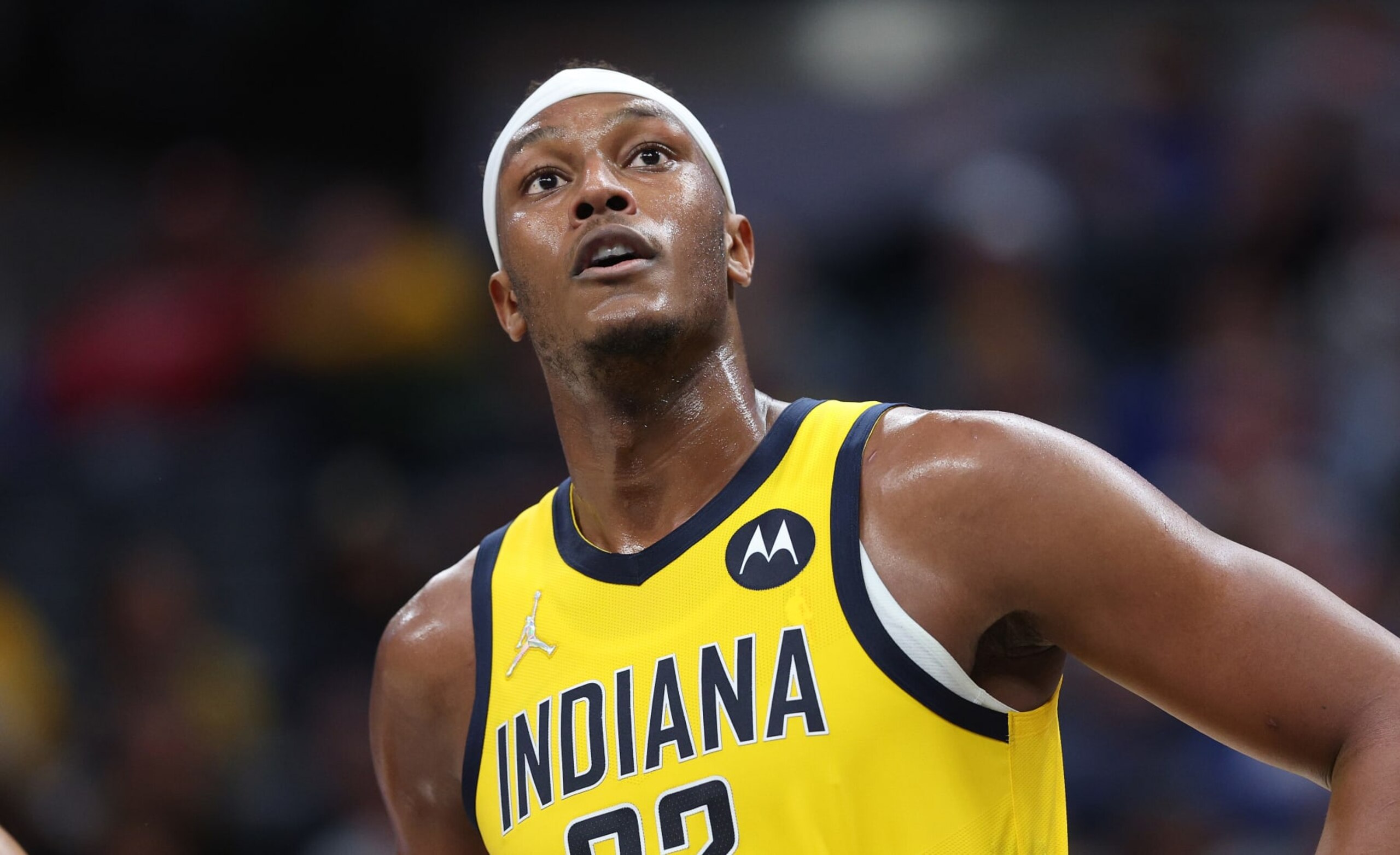 INDIANAPOLIS, INDIANA - DECEMBER 23:   Myles Turner #33 of the Indiana Pacers  against the Houston Rockets  at Gainbridge Fieldhouse on December 23, 2021 in Indianapolis, Indiana.     NOTE TO USER: User expressly acknowledges and agrees that, by downloading and or using this Photograph, user is consenting to the terms and conditions of the Getty Images License Agreement.  (Photo by Andy Lyons/Getty Images)