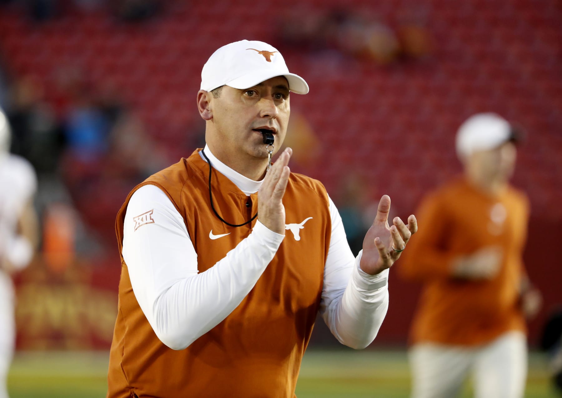 AMES, IA - NOVEMBER 6: Head coach Steve Sarkisian of the Texas Longhorns coaches during pregame warmups at Jack Trice Stadium on November 6, 2021 in Ames, Iowa. The Iowa State Cyclones won 30-7 over the Texas Longhorns. (Photo by David K Purdy/Getty Images)