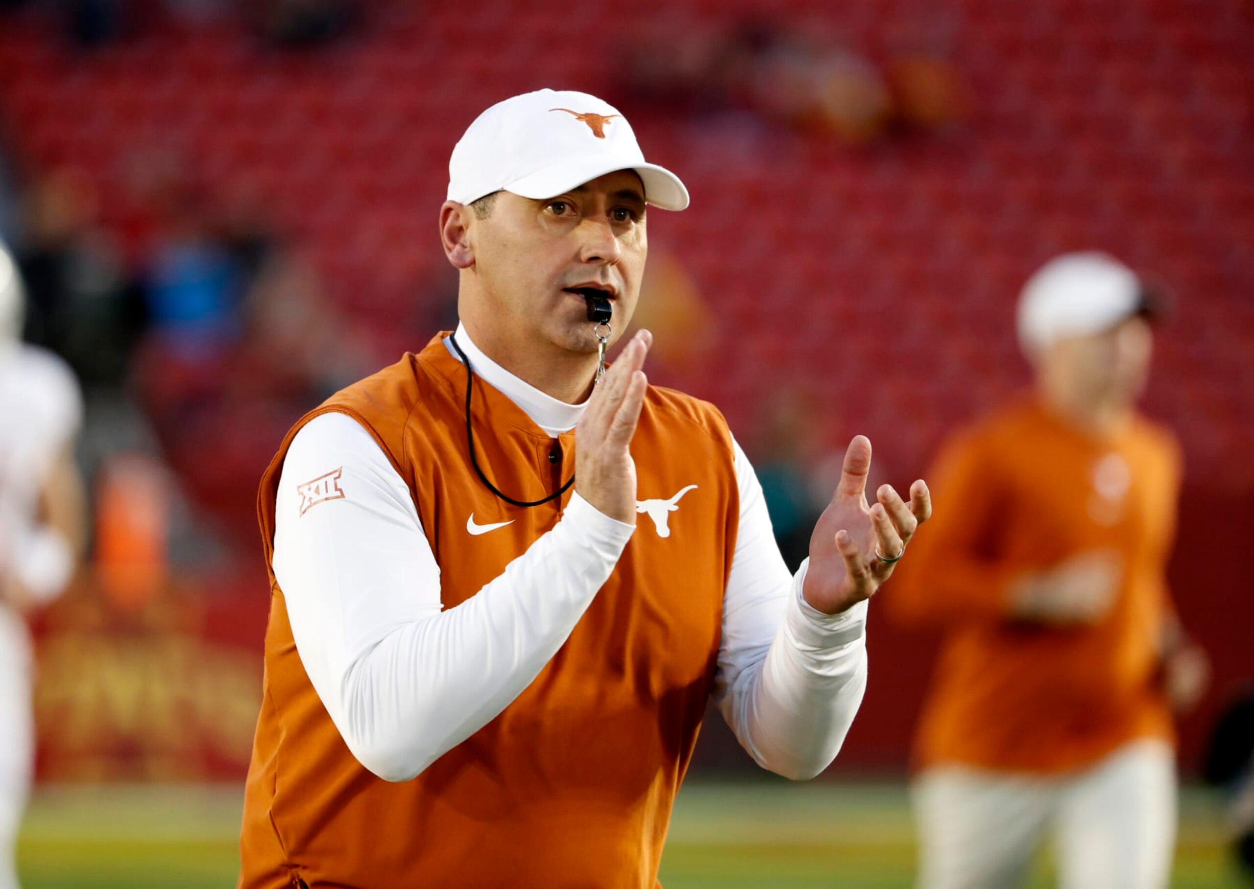 AMES, IA - NOVEMBER 6: Head coach Steve Sarkisian of the Texas Longhorns coaches during pregame warmups at Jack Trice Stadium on November 6, 2021 in Ames, Iowa. The Iowa State Cyclones won 30-7 over the Texas Longhorns. (Photo by David K Purdy/Getty Images) AMES, IA - NOVEMBER 6: Head coach Steve Sarkisian of the Texas Longhorns coaches during pregame warmups at Jack Trice Stadium on November 6, 2021 in Ames, Iowa. The Iowa State Cyclones won 30-7 over the Texas Longhorns. (Photo by David K Purdy/Getty Images)