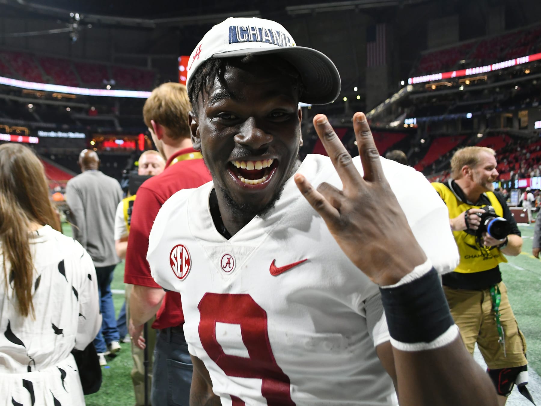 ATLANTA, GA - DECEMBER 01: A victorious Alabama Crimson Tide Linebacker Eyabi Anoma (9) after the SEC Championship between the Alabama Crimson Tide and the Georgia Bulldogs on December 01, 2018, at Mercedes-Benz Stadium in Atlanta, Ga.(Photo by Jeffrey Vest/Icon Sportswire via Getty Images)