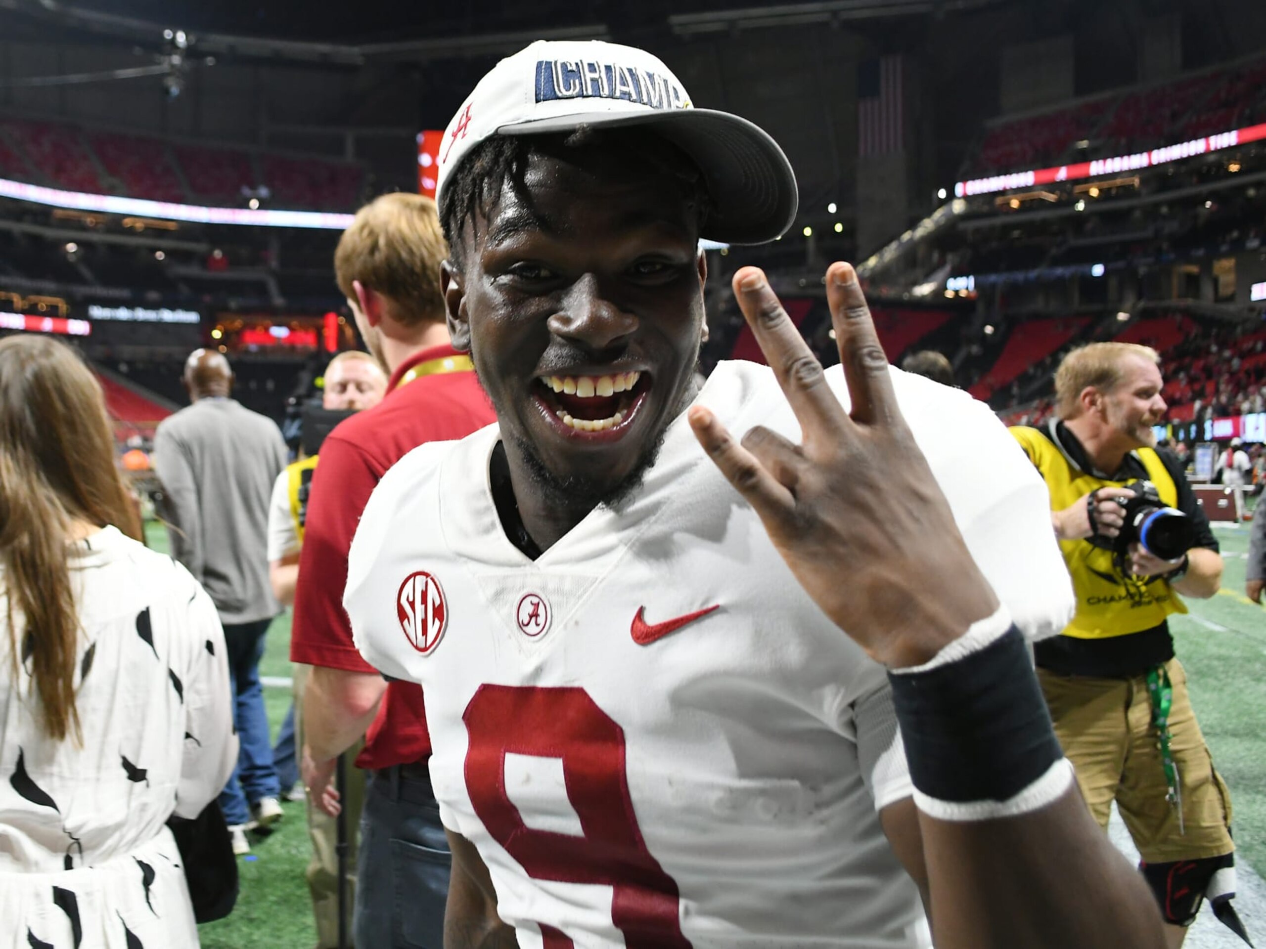 ATLANTA, GA - DECEMBER 01: A victorious Alabama Crimson Tide Linebacker Eyabi Anoma (9) after the SEC Championship between the Alabama Crimson Tide and the Georgia Bulldogs on December 01, 2018, at Mercedes-Benz Stadium in Atlanta, Ga.(Photo by Jeffrey Vest/Icon Sportswire via Getty Images)