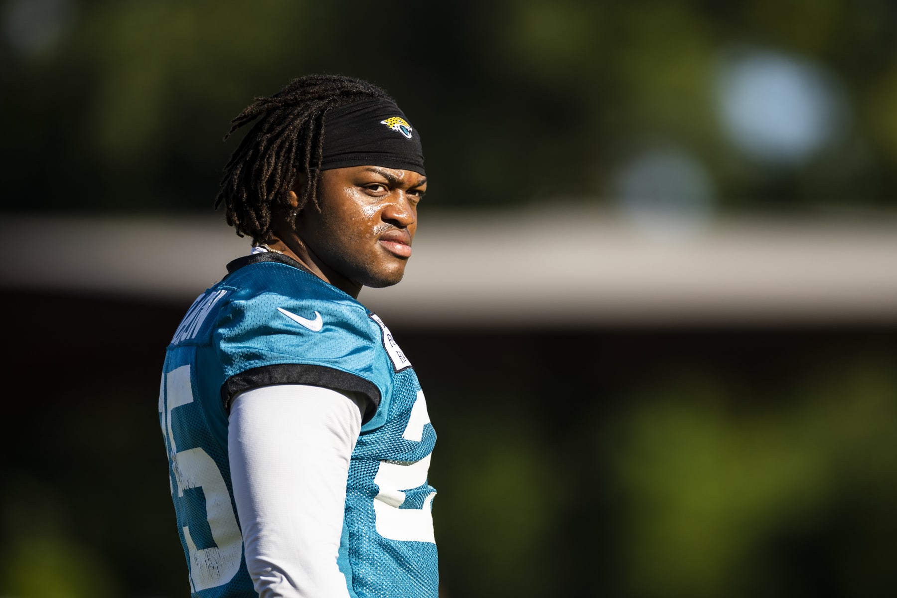 JACKSONVILLE, FLORIDA - JULY 27: James Robinson #25 of the Jacksonville Jaguars looks on during training camp on July 27, 2022 at Episcopal High School in Jacksonville, Florida. (Photo by James Gilbert/Getty Images)