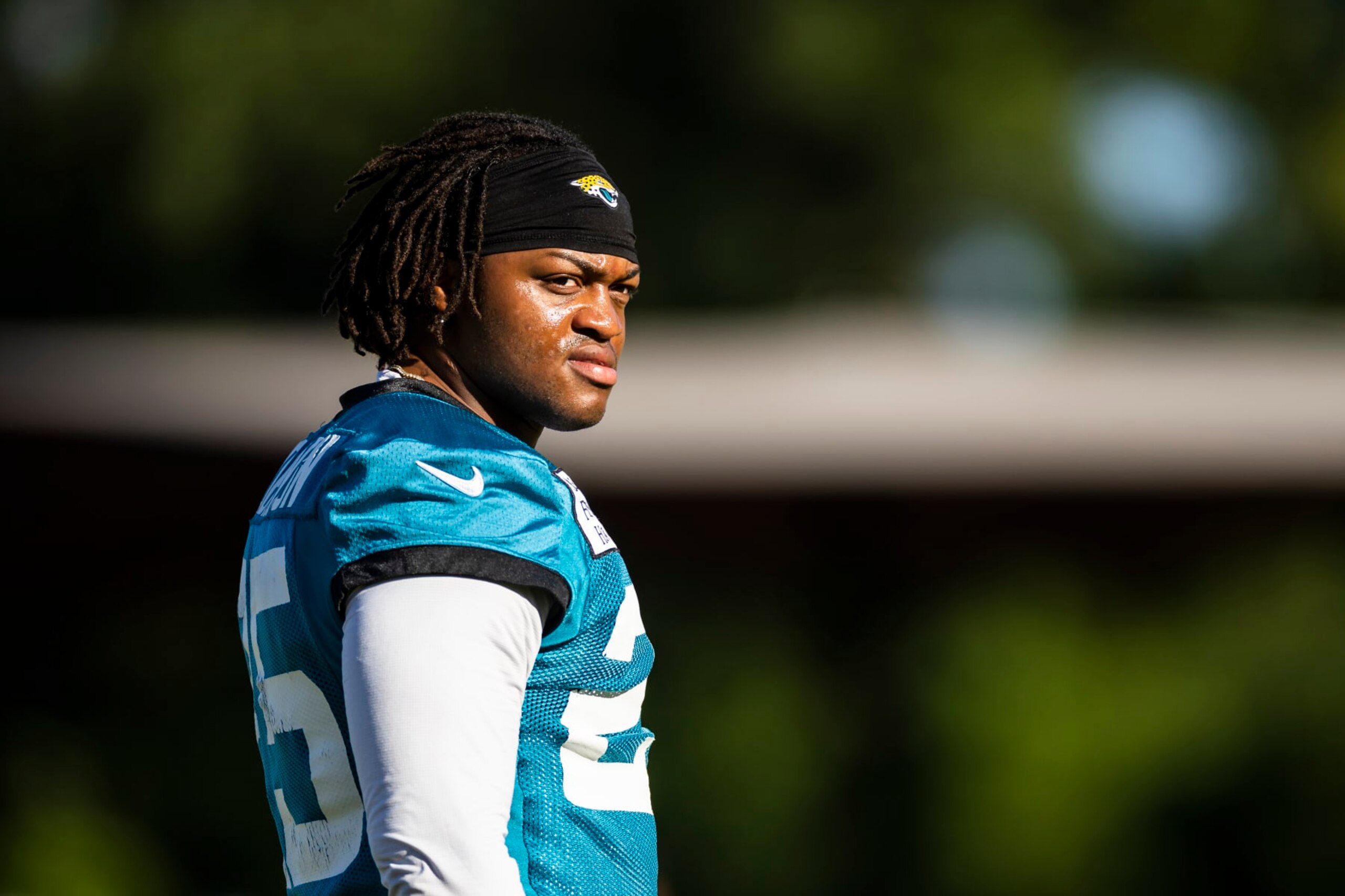 JACKSONVILLE, FLORIDA - JULY 27: James Robinson #25 of the Jacksonville Jaguars looks on during training camp on July 27, 2022 at Episcopal High School in Jacksonville, Florida. (Photo by James Gilbert/Getty Images)