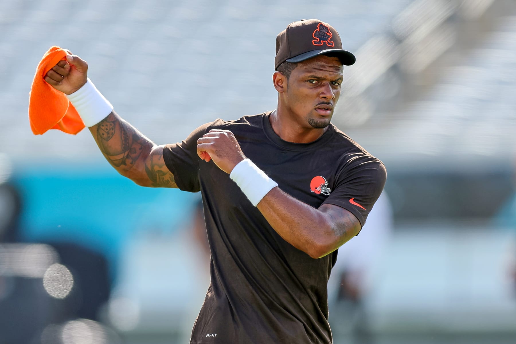 JACKSONVILLE, FL - AUGUST 12: Deshaun Watson #4 of the Cleveland Browns warms up prior to a football game against the Jacksonville Jaguars at TIAA Bank Field on August 12, 2022 in Jacksonville, Florida. (Photo by Mike Carlson/Getty Images)