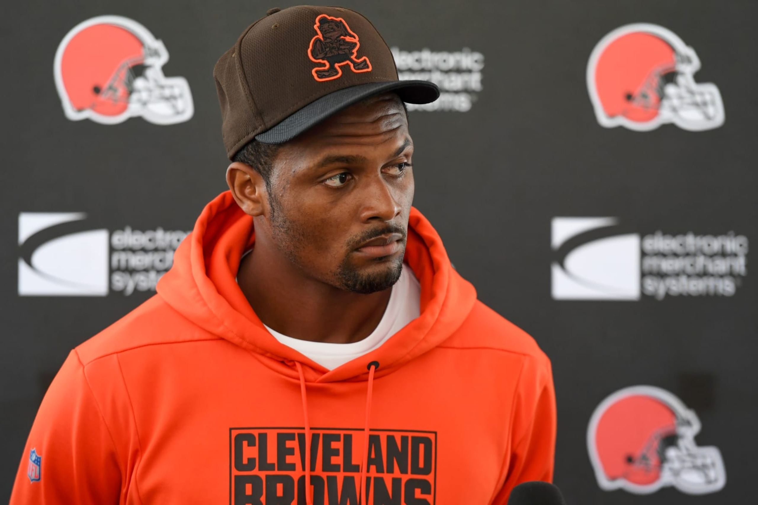 BEREA, OH - AUGUST 18: Deshaun Watson #4 of the Cleveland Browns listens to questions during a press conference prior to a joint practice with the Philadelphia Eagles at CrossCountry Mortgage Campus on August 18, 2022 in Berea, Ohio. (Photo by Nick Cammett/Getty Images)