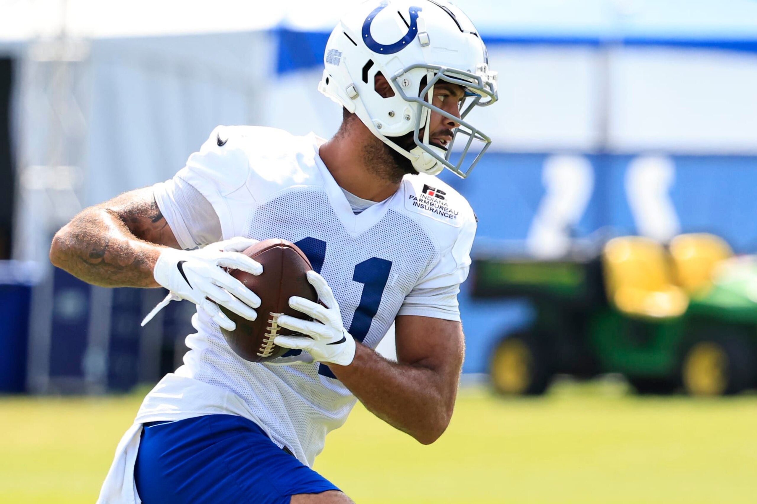 WESTFIELD, INDIANA - AUGUST 11: Michael Pittman Jr. #11 of the Indianapolis Colts runs a drill during training camp at Grand Park Sports Campus on August 11, 2022 in Westfield, Indiana. (Photo by Justin Casterline/Getty Images)