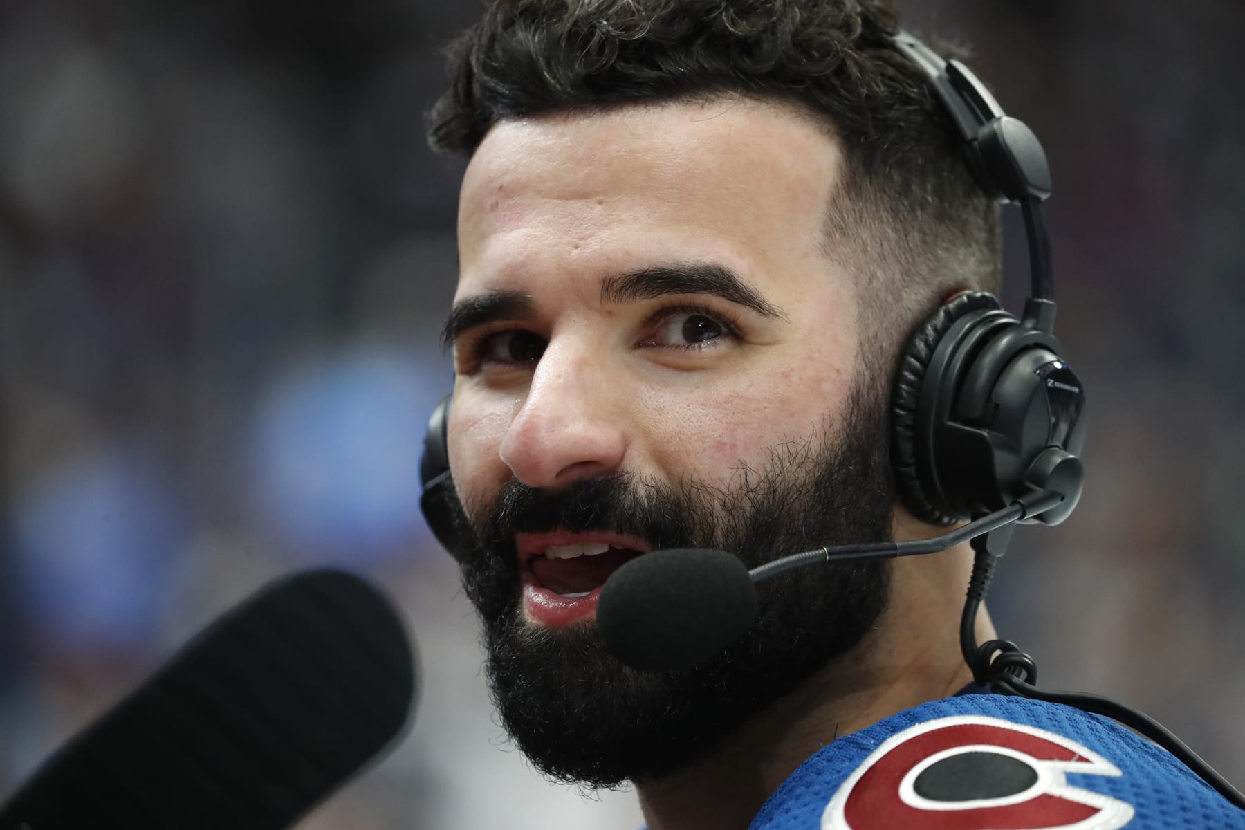 DENVER, COLORADO - JUNE 24: Nazem Kadri #91 of the Colorado Avalanche takes a media interview before Game Five of the 2022 Stanley Cup Final bat Ball Arena on June 24, 2022 in Denver, Colorado.  (Photo by Eliot J. Schechter/NHLI via Getty Images)
