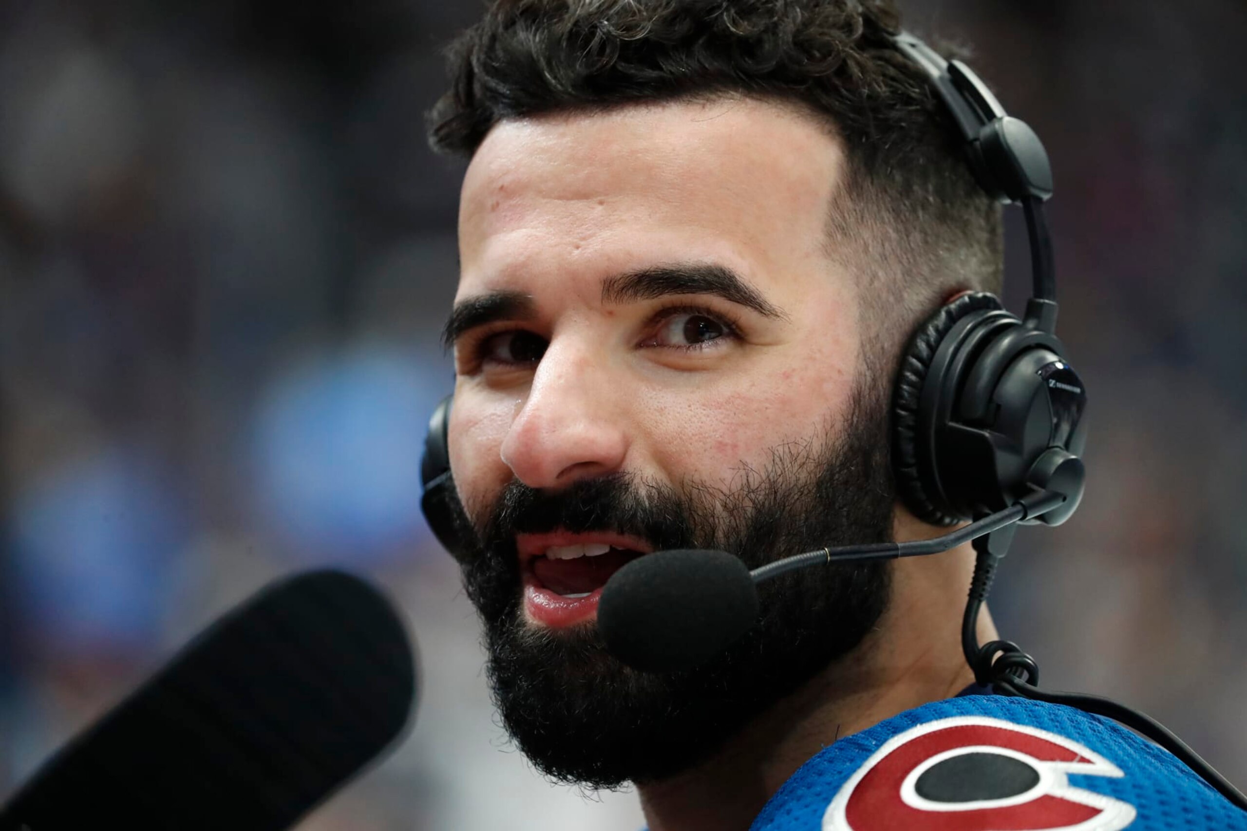 DENVER, COLORADO - JUNE 24: Nazem Kadri #91 of the Colorado Avalanche takes a media interview before Game Five of the 2022 Stanley Cup Final bat Ball Arena on June 24, 2022 in Denver, Colorado.  (Photo by Eliot J. Schechter/NHLI via Getty Images)