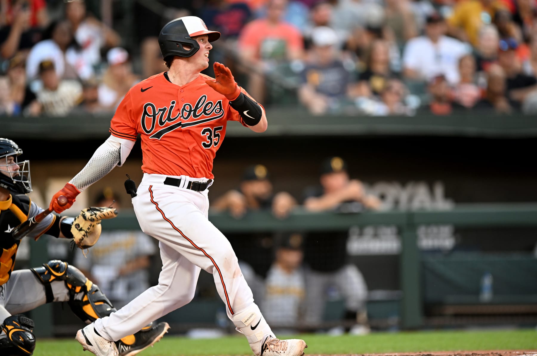 BALTIMORE, MARYLAND - AUGUST 06: Adley Rutschman #35 of the Baltimore Orioles bats against the Pittsburgh Pirates at Oriole Park at Camden Yards on August 06, 2022 in Baltimore, Maryland. (Photo by G Fiume/Getty Images)