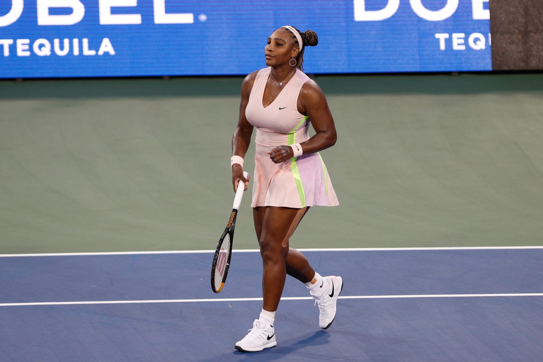 CINCINNATI, OH - AUGUST 16: Serena Williams of the United States walks toward center court after losing to Emma Raducanu of Great Britain 6-4, 6-0 during the first round of the Western & Southern Open on August 16, 2022, at the Lindner Family Tennis Center in Mason, OH. (Photo by Ian Johnson/Icon Sportswire via Getty Images)