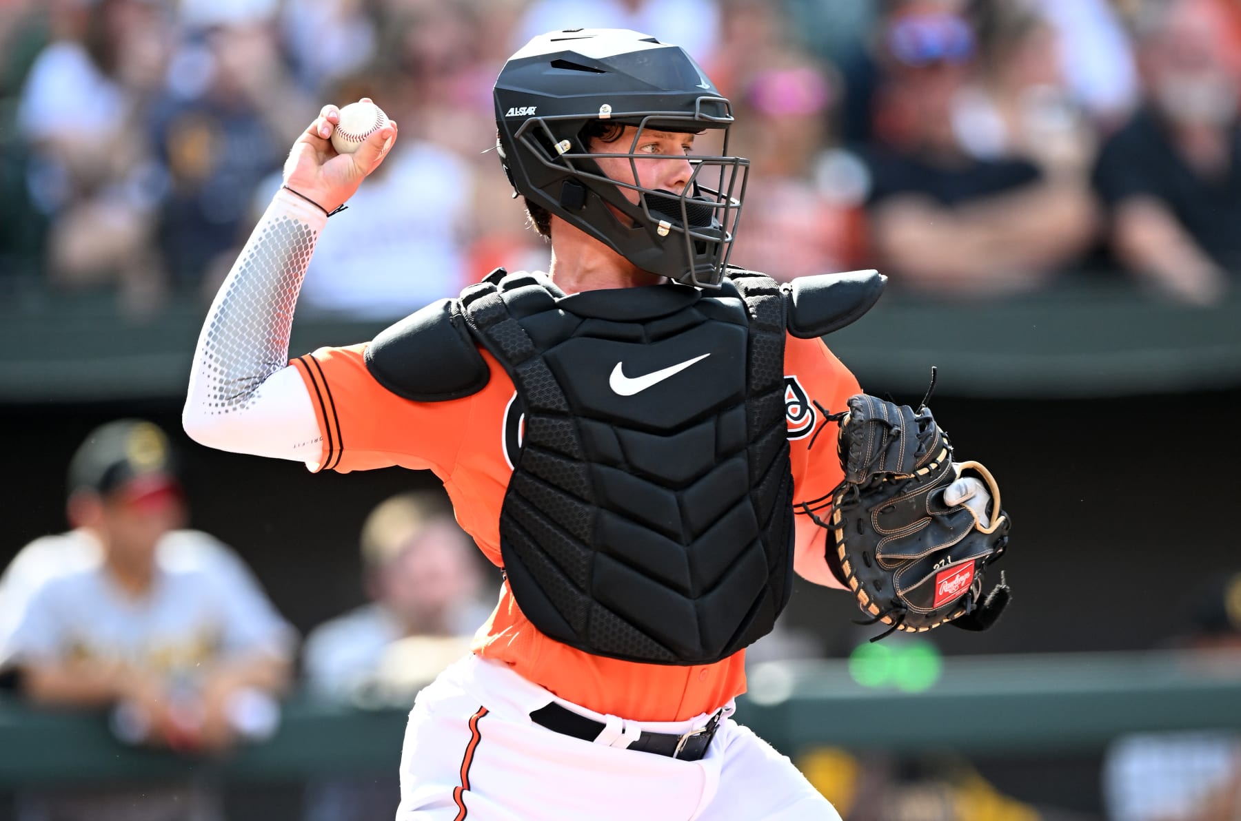 BALTIMORE, MARYLAND - AUGUST 06: Adley Rutschman #35 of the Baltimore Orioles throws the ball to second base against the Pittsburgh Pirates at Oriole Park at Camden Yards on August 06, 2022 in Baltimore, Maryland. (Photo by G Fiume/Getty Images)