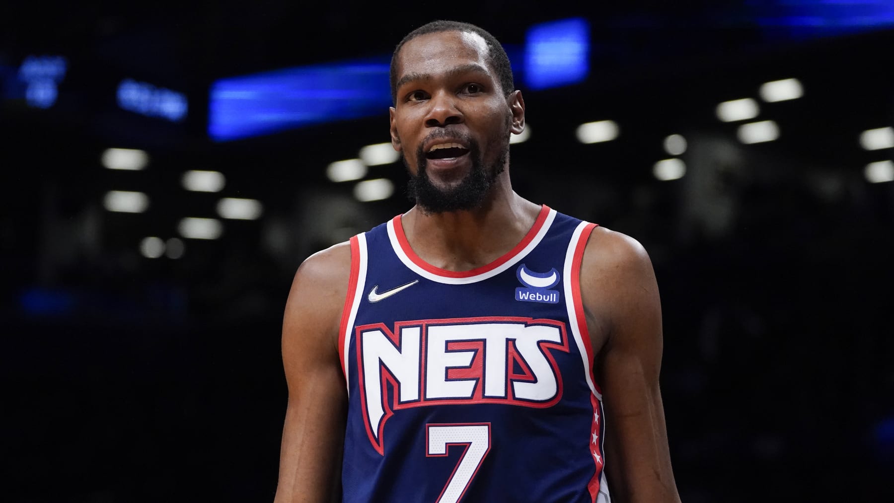 Brooklyn Nets forward Kevin Durant (7) walks up the court during the second half of Game 4 of an NBA basketball first-round playoff series against the Boston Celtics, Monday, April 25, 2022, in New York. (AP Photo/John Minchillo)