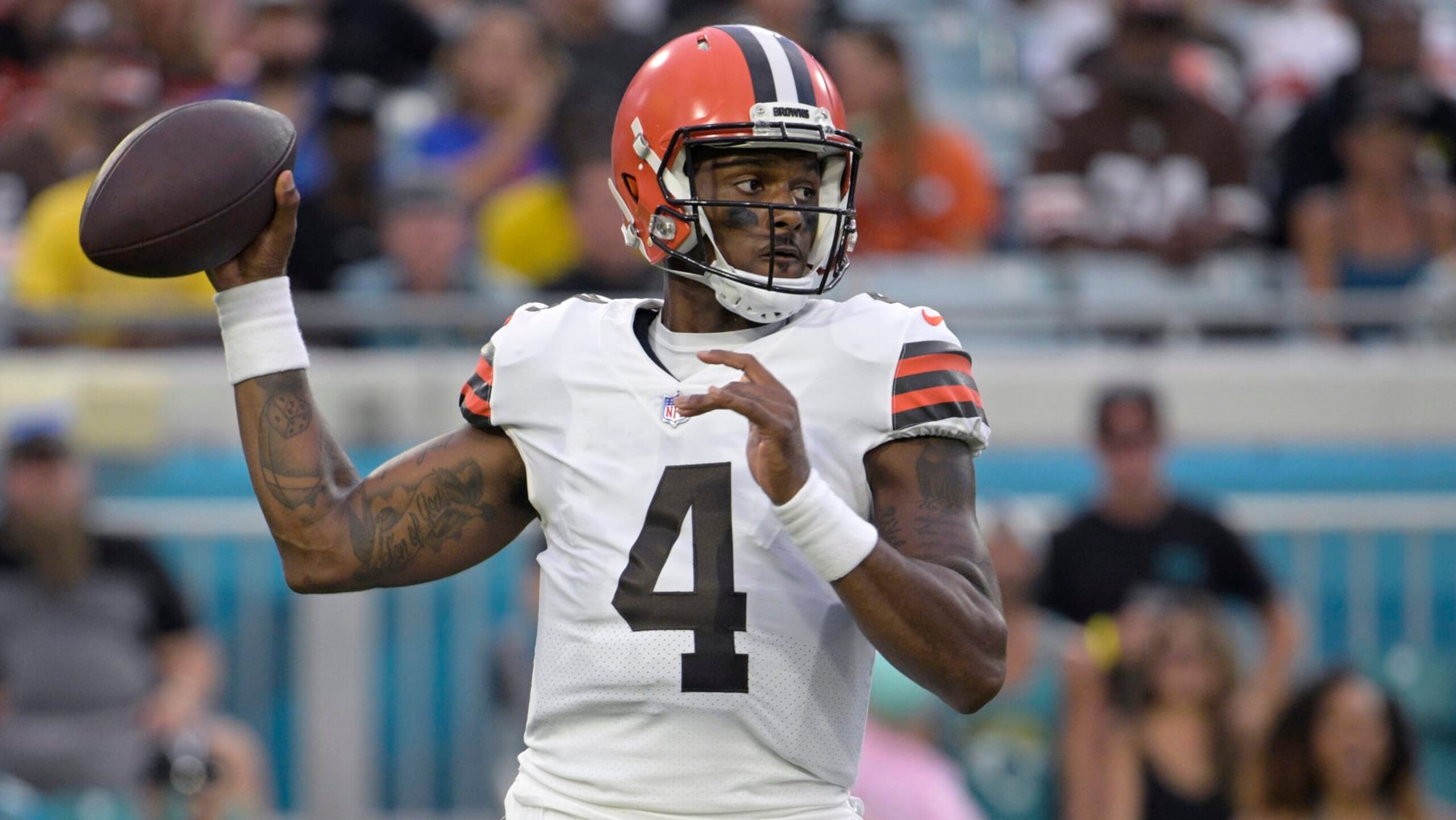 Cleveland Browns quarterback Deshaun Watson (4) throws during the first half of a preseason NFL football game against the Jacksonville Jaguars, Friday, Aug. 12, 2022, in Jacksonville, Fla. (AP Photo/Phelan M. Ebenhack)