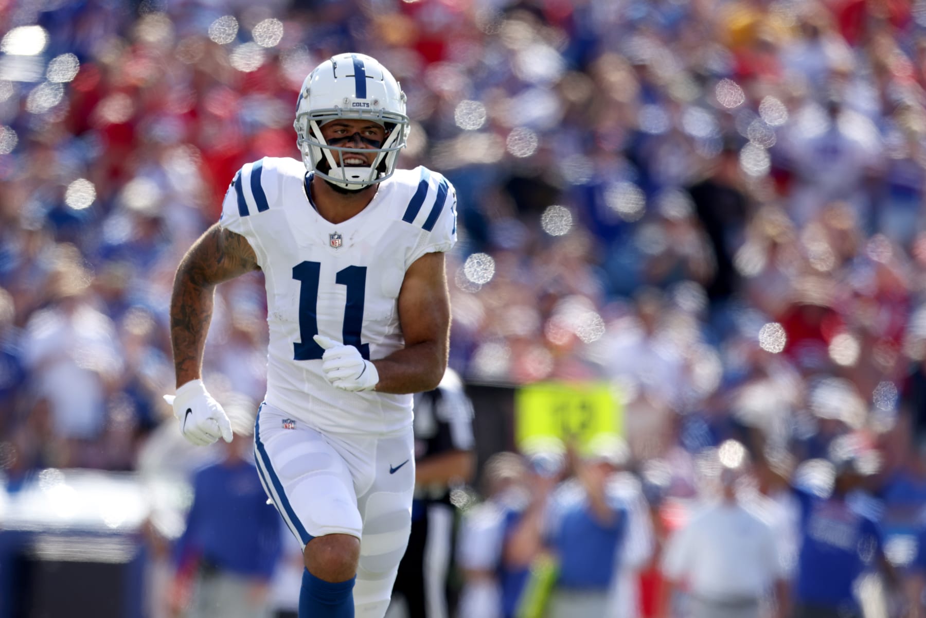 ORCHARD PARK, NEW YORK - AUGUST 13: Michael Pittman Jr. #11 of the Indianapolis Colts runs on the field during the first quarter of a preseason game against the Buffalo Bills at Highmark Stadium on August 13, 2022 in Orchard Park, New York. (Photo by Bryan Bennett/Getty Images)