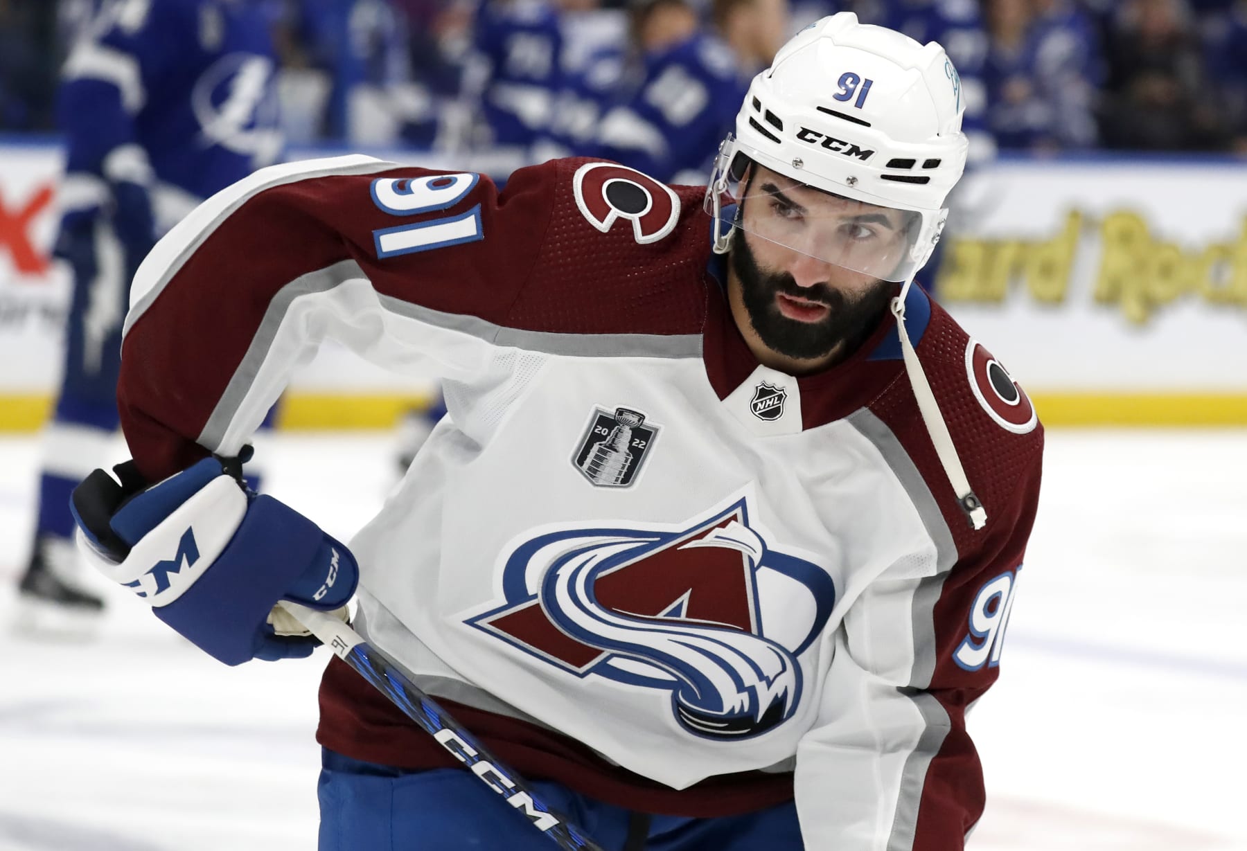 TAMPA, FLORIDA - JUNE 22: Nazem Kadri #91 of the Colorado Avalanche attends warm ups before playing in Game Four of the 2022 NHL Stanley Cup Final against the Tampa Bay Lightning at Amalie Arena on June 22, 2022 in Tampa, Florida. TAMPA, FLORIDA - JUNE 22: Nazem Kadri #91 of the Colorado Avalanche attends warm ups before playing in Game Four of the 2022 NHL Stanley Cup Final against the Tampa Bay Lightning at Amalie Arena on June 22, 2022 in Tampa, Florida.