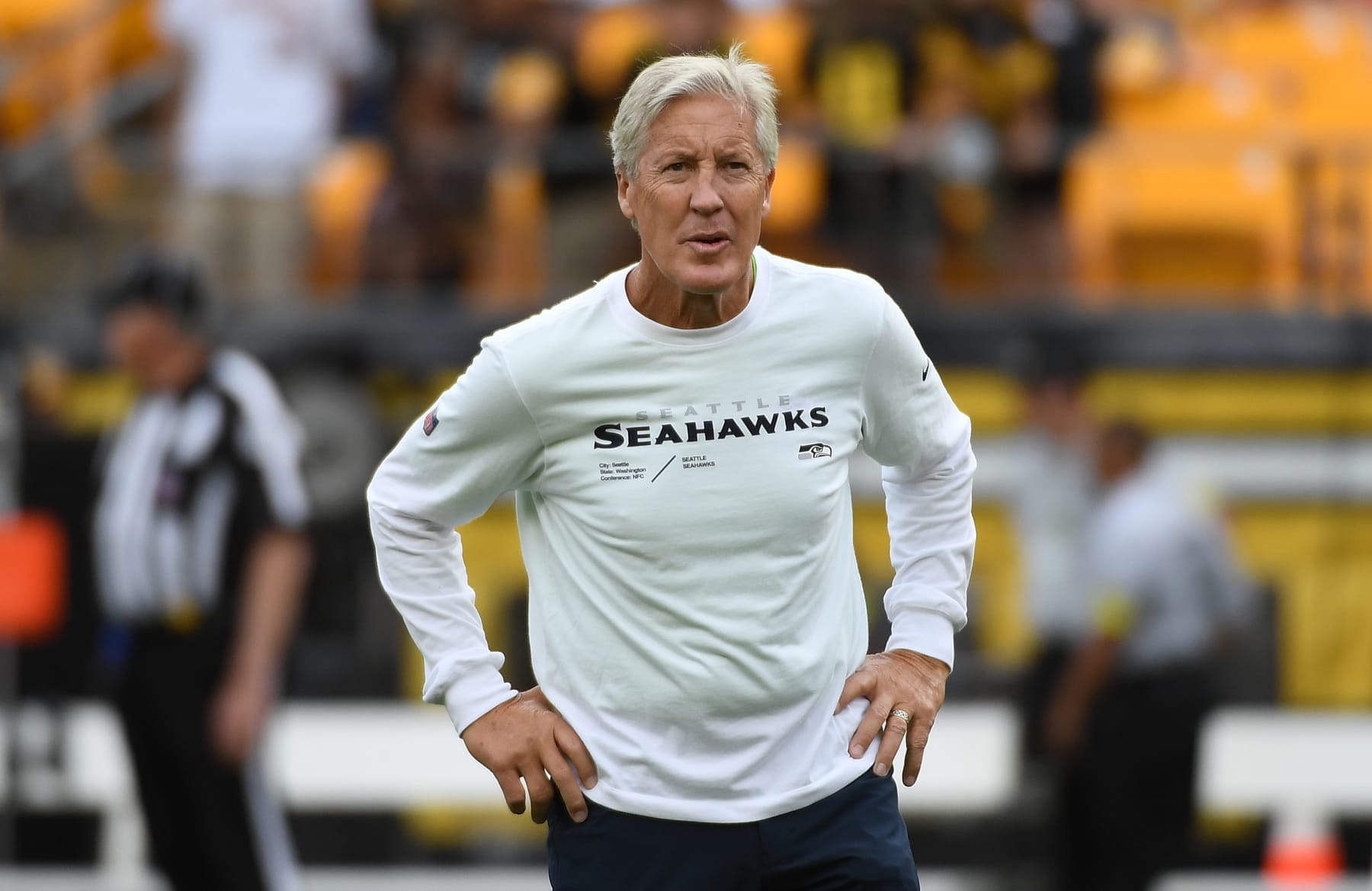 PITTSBURGH, PA - AUGUST 13: Head Coach Pete Carroll of the Seattle Seahawks looks on during warmups before a preseason game against the Pittsburgh Steelers at Acrisure Stadium on August 13, 2022 in Pittsburgh, Pennsylvania. (Photo by Justin Berl/Getty Images)