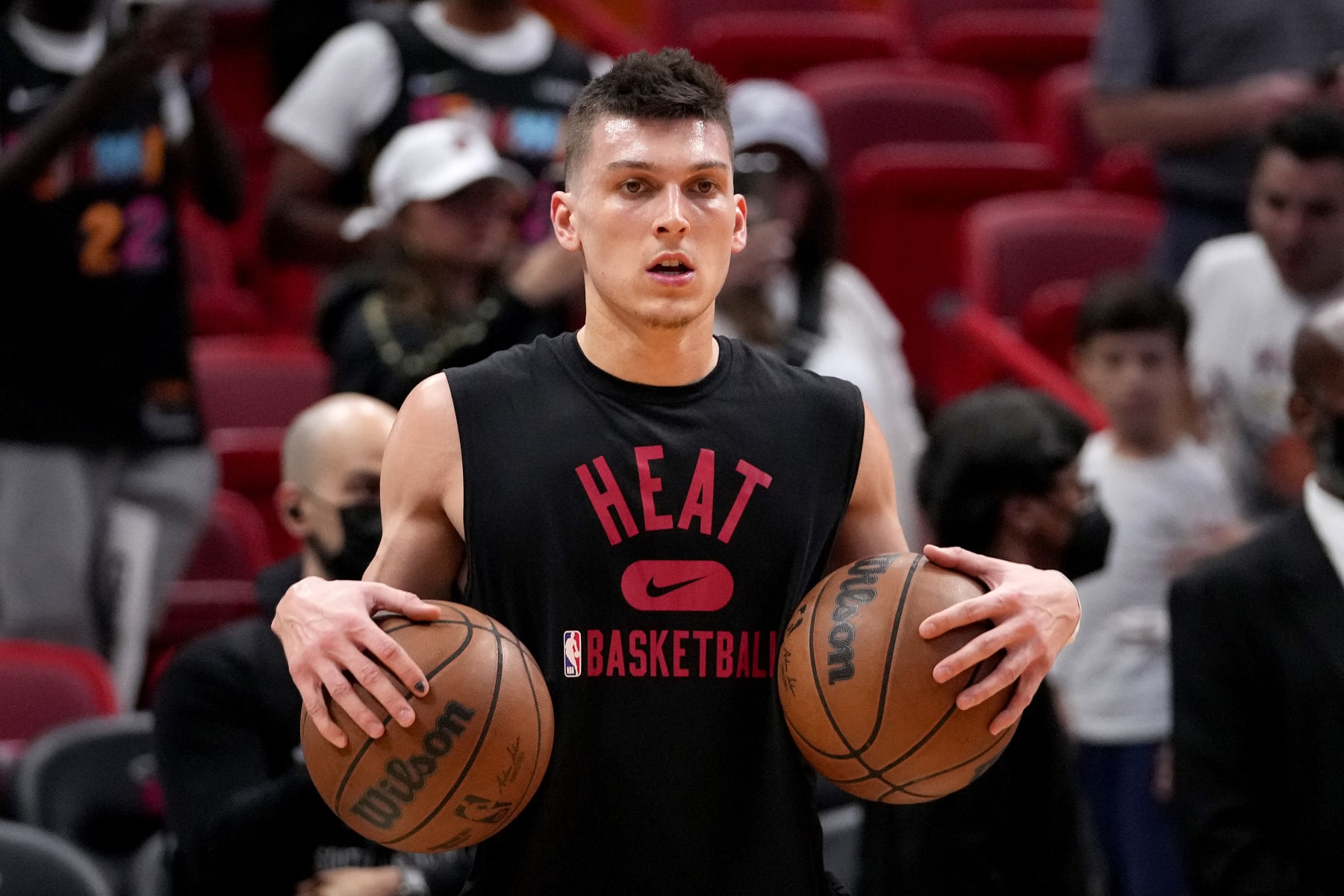 MIAMI, FLORIDA - MAY 29: Tyler Herro #14 of the Miami Heat warms up prior to Game Seven against the Boston Celtics in the 2022 NBA Playoffs Eastern Conference Finals at FTX Arena on May 29, 2022 in Miami, Florida. NOTE TO USER: User expressly acknowledges and agrees that, by downloading and/or using this photograph, User is consenting to the terms and conditions of the Getty Images License Agreement. (Photo by Eric Espada/Getty Images)