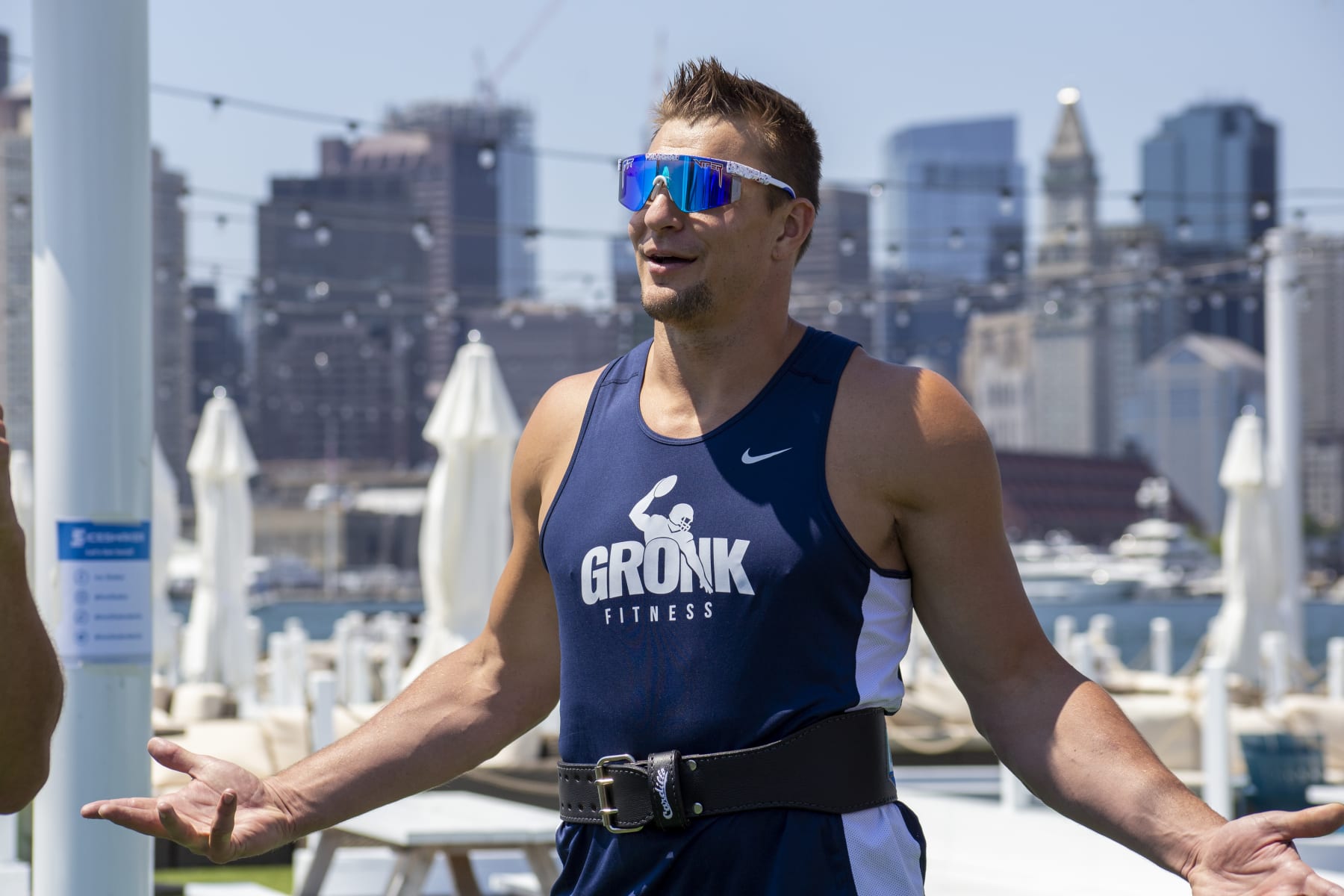 BOSTON, MASSACHUSETTS - JULY 12: Rob Gronkowski attends the Ice Shaker's Boats, Bottles, and Bros Media Event at The Tall Ship on July 12, 2022 in Boston, Massachusetts. (Photo by Lisa Dragani/Getty Images)