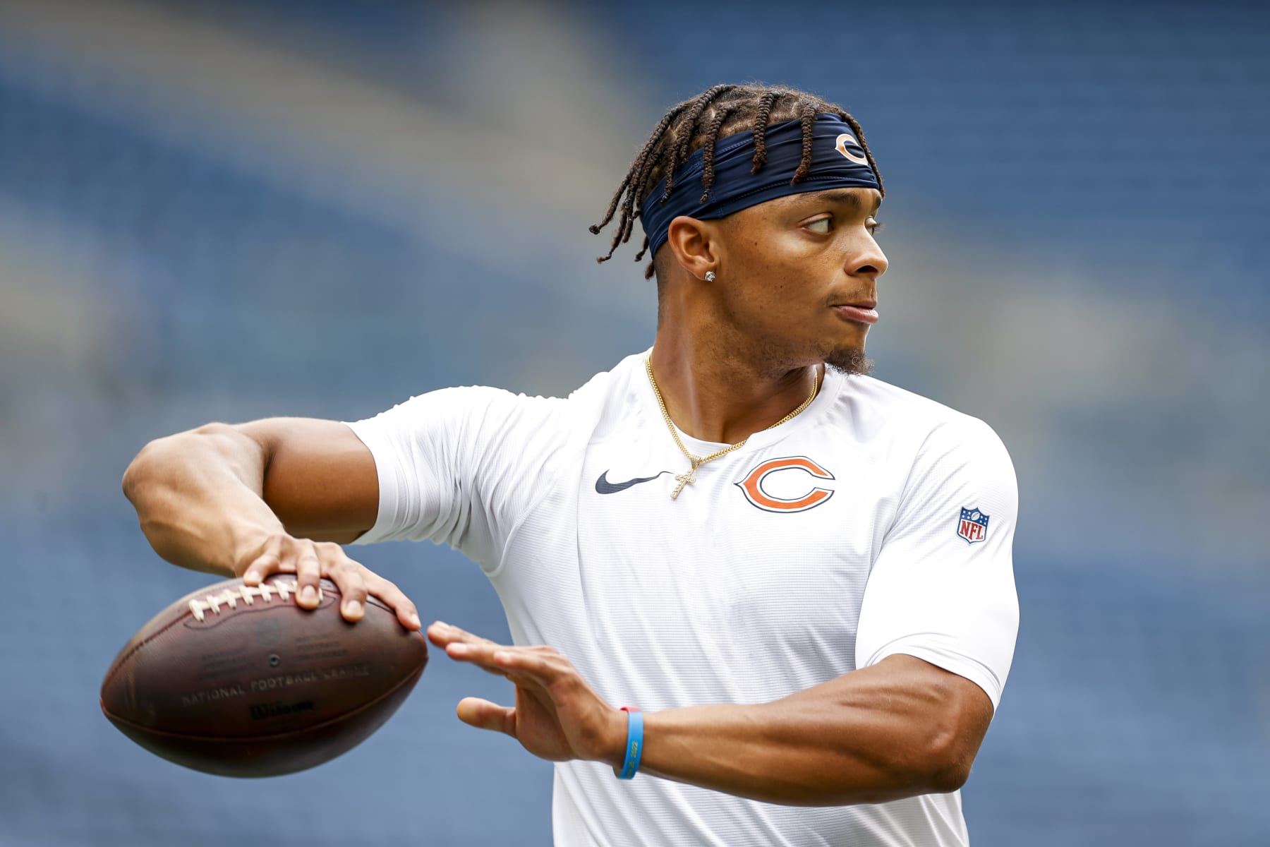 SEATTLE, WASHINGTON - AUGUST 18: Justin Fields #1 of the Chicago Bears warms up prior to the preseason game against the Seattle Seahawks at Lumen Field on August 18, 2022 in Seattle, Washington. (Photo by Steph Chambers/Getty Images)