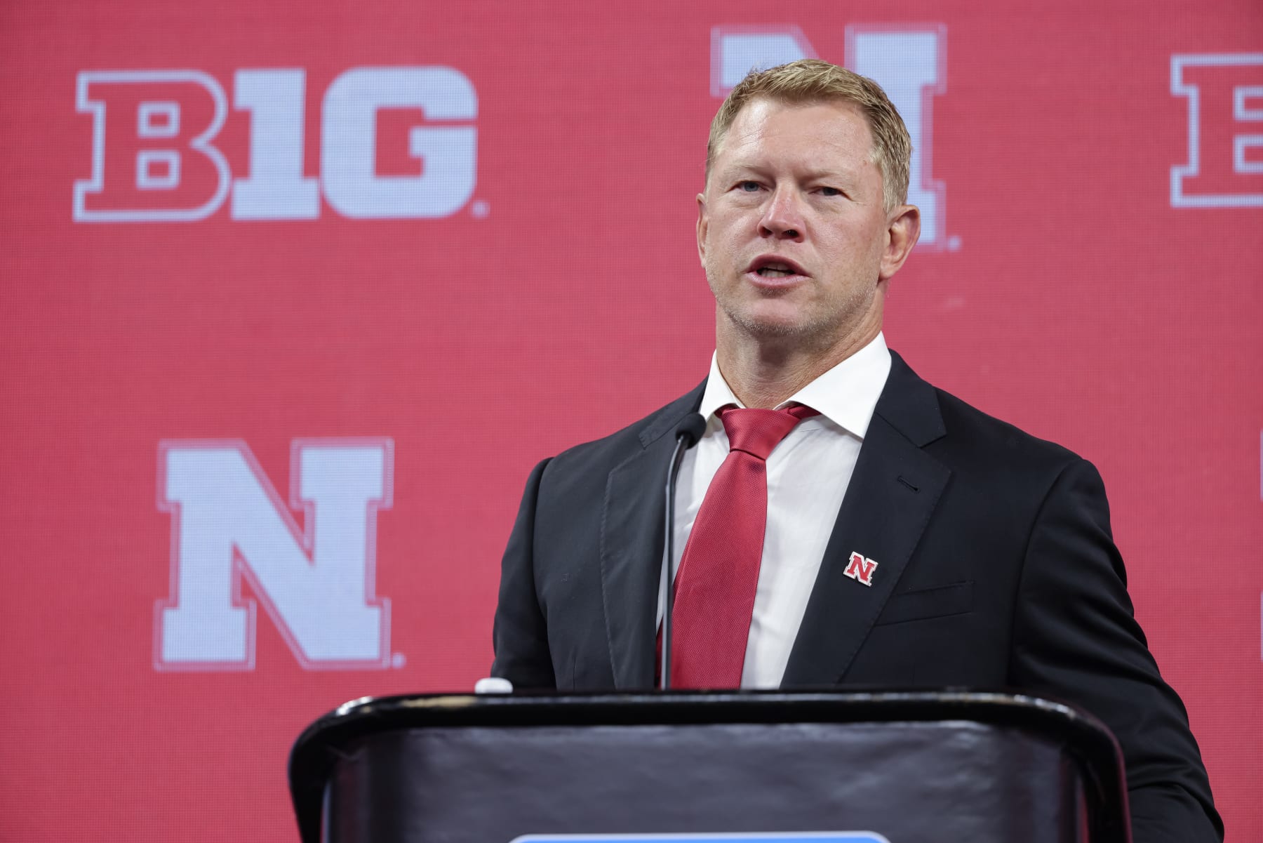 INDIANAPOLIS, IN - JULY 26: Head coach Scott Frost of the Nebraska Cornhuskers speaks during the 2022 Big Ten Conference Football Media Days at Lucas Oil Stadium on July 26, 2022 in Indianapolis, Indiana. (Photo by Michael Hickey/Getty Images)