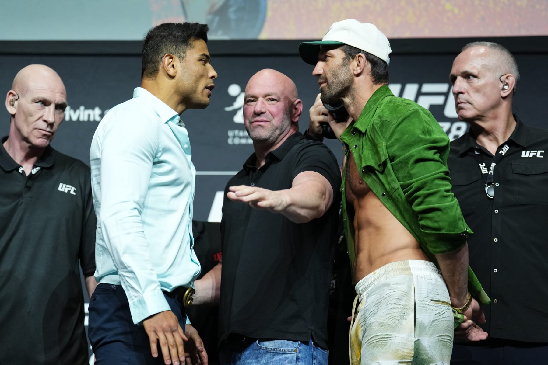 SALT LAKE CITY, UTAH - AUGUST 18: (L-R) Paulo Costa of Brazil and Luke Rockhold face off during the UFC 278 press conference at Vivint Arena on August 18, 2022 in Salt Lake City, Utah. (Photo by Josh Hedges/Zuffa LLC)
