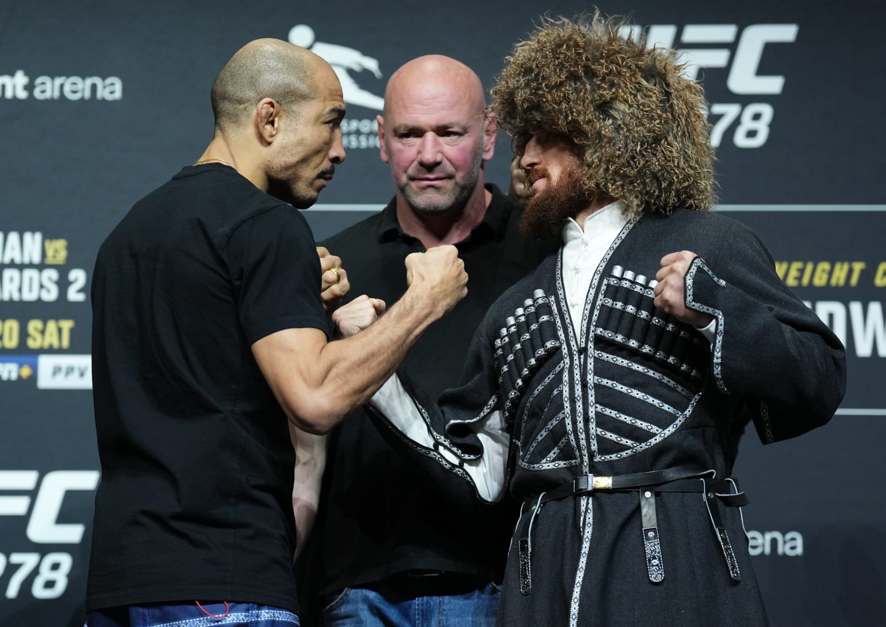 SALT LAKE CITY, UTAH - AUGUST 18: (L-R) Jose Aldo of Brazil and Merab Dvalishvili of Georgia face off during the UFC 278 press conference at Vivint Arena on August 18, 2022 in Salt Lake City, Utah. (Photo by Josh Hedges/Zuffa LLC)