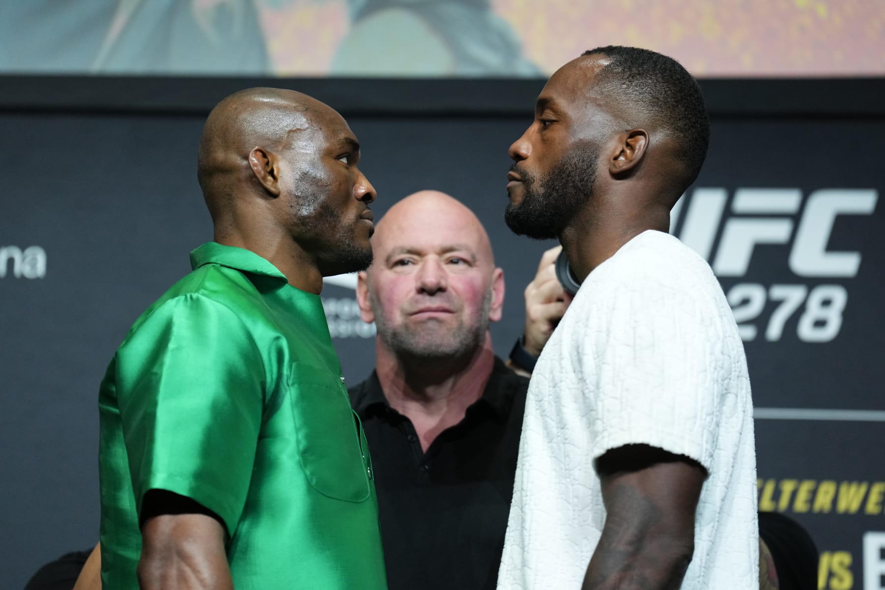 SALT LAKE CITY, UTAH - AUGUST 18: (L-R) Kamaru Usman of Nigeria and Leon Edwards of Jamaica face off during the UFC 278 press conference at Vivint Arena on August 18, 2022 in Salt Lake City, Utah. (Photo by Josh Hedges/Zuffa LLC)
