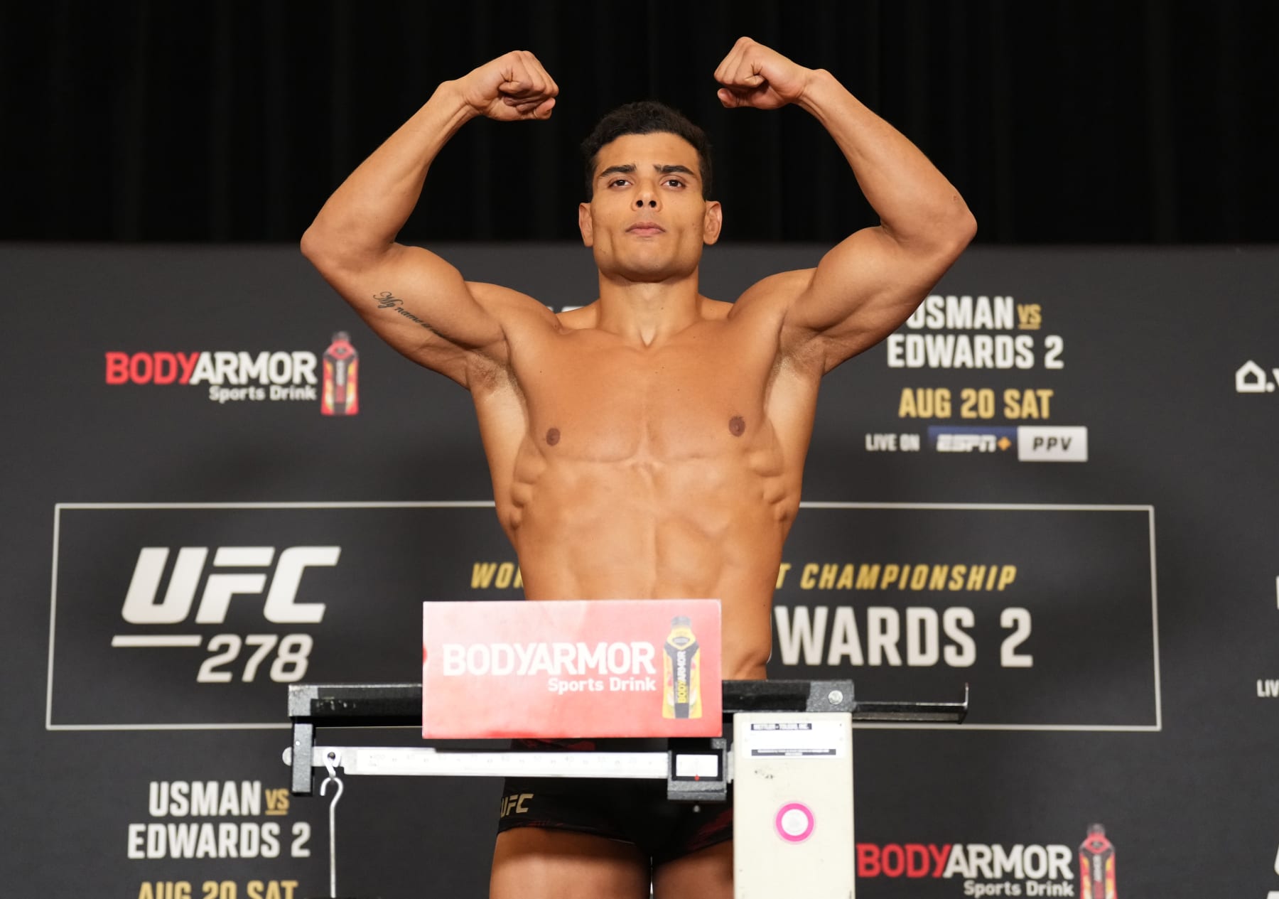 SALT LAKE CITY, UTAH - AUGUST 19: Paulo Costa of Brazil poses on the scale during the UFC 278 official weigh-in at Hilton Salt Lake City Center on August 19, 2022 in Salt Lake City, Utah. (Photo by Chris Unger/Zuffa LLC)