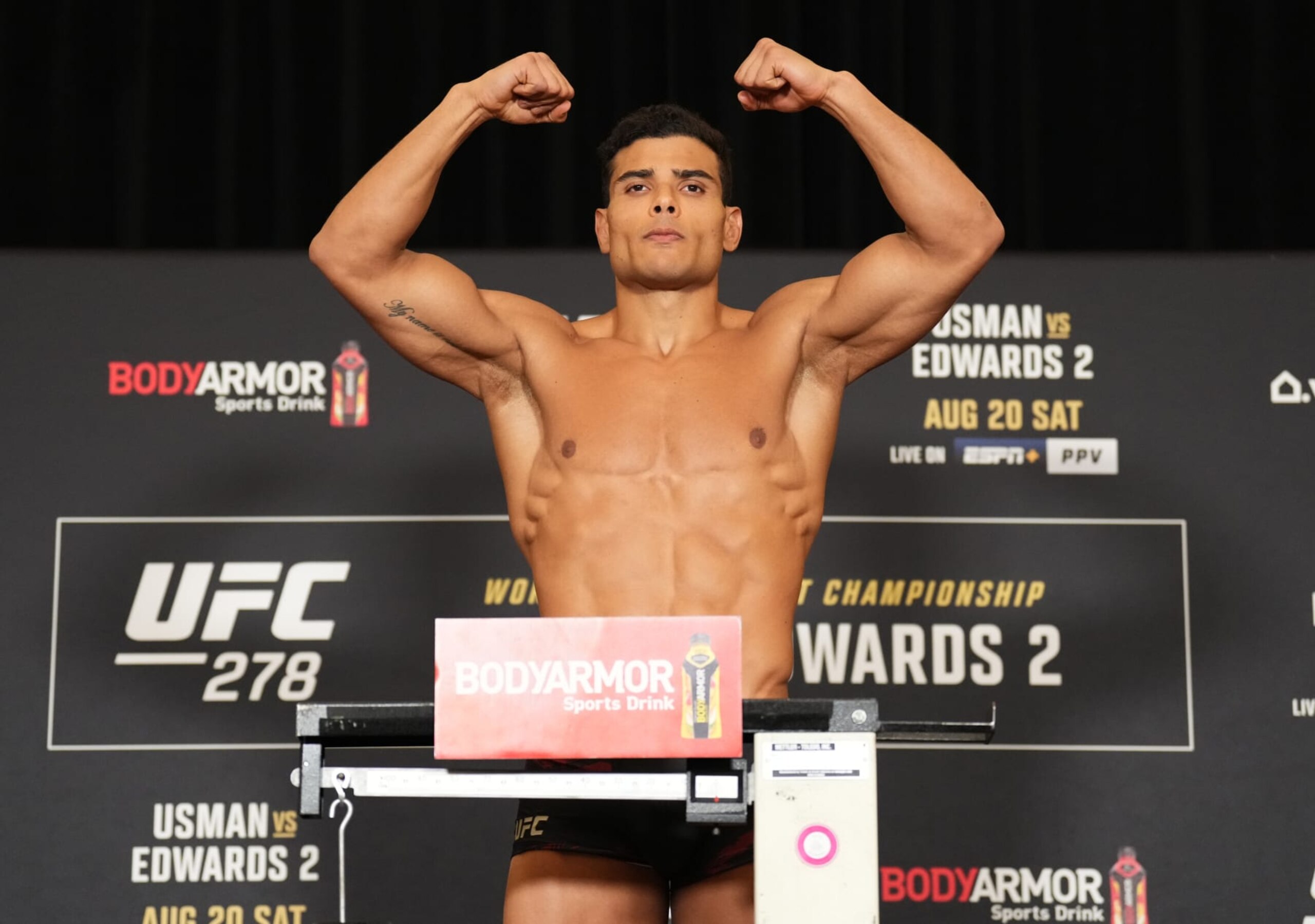 SALT LAKE CITY, UTAH - AUGUST 19: Paulo Costa of Brazil poses on the scale during the UFC 278 official weigh-in at Hilton Salt Lake City Center on August 19, 2022 in Salt Lake City, Utah. (Photo by Chris Unger/Zuffa LLC)