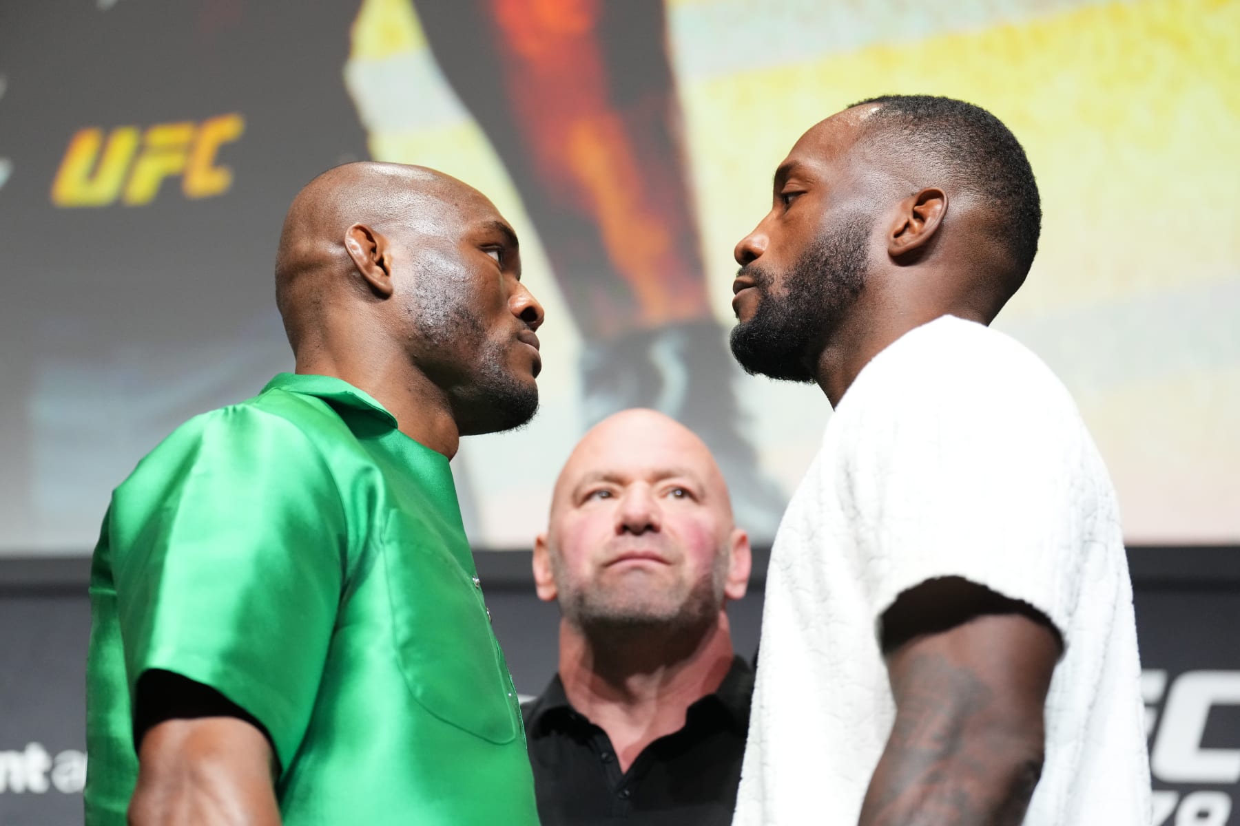 SALT LAKE CITY, UTAH - AUGUST 18: (L-R) Kamaru Usman of Nigeria and Leon Edwards of Jamaica face off during the UFC 278 press conference at Vivint Arena on August 18, 2022 in Salt Lake City, Utah. (Photo by Chris Unger/Zuffa LLC) SALT LAKE CITY, UTAH - AUGUST 18: (L-R) Kamaru Usman of Nigeria and Leon Edwards of Jamaica face off during the UFC 278 press conference at Vivint Arena on August 18, 2022 in Salt Lake City, Utah. (Photo by Chris Unger/Zuffa LLC)