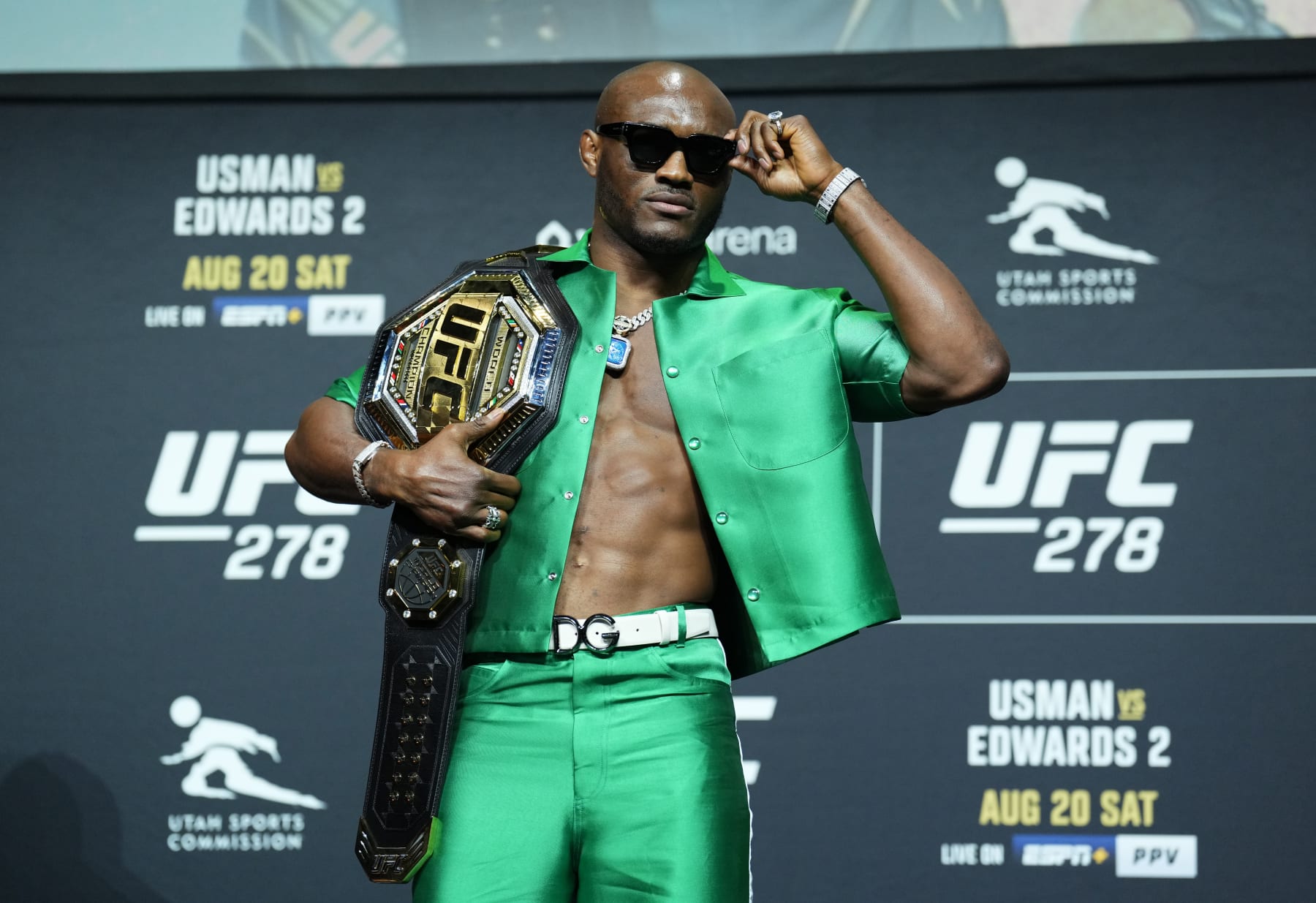 SALT LAKE CITY, UTAH - AUGUST 18: Kamaru Usman of Nigeria poses for media and fans during the UFC 278 press conference at Vivint Arena on August 18, 2022 in Salt Lake City, Utah. (Photo by Josh Hedges/Zuffa LLC) SALT LAKE CITY, UTAH - AUGUST 18: Kamaru Usman of Nigeria poses for media and fans during the UFC 278 press conference at Vivint Arena on August 18, 2022 in Salt Lake City, Utah. (Photo by Josh Hedges/Zuffa LLC)