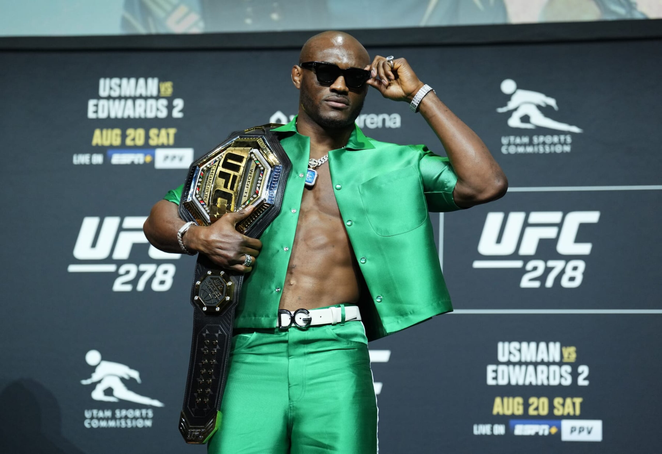 SALT LAKE CITY, UTAH - AUGUST 18: Kamaru Usman of Nigeria poses for media and fans during the UFC 278 press conference at Vivint Arena on August 18, 2022 in Salt Lake City, Utah. (Photo by Josh Hedges/Zuffa LLC)