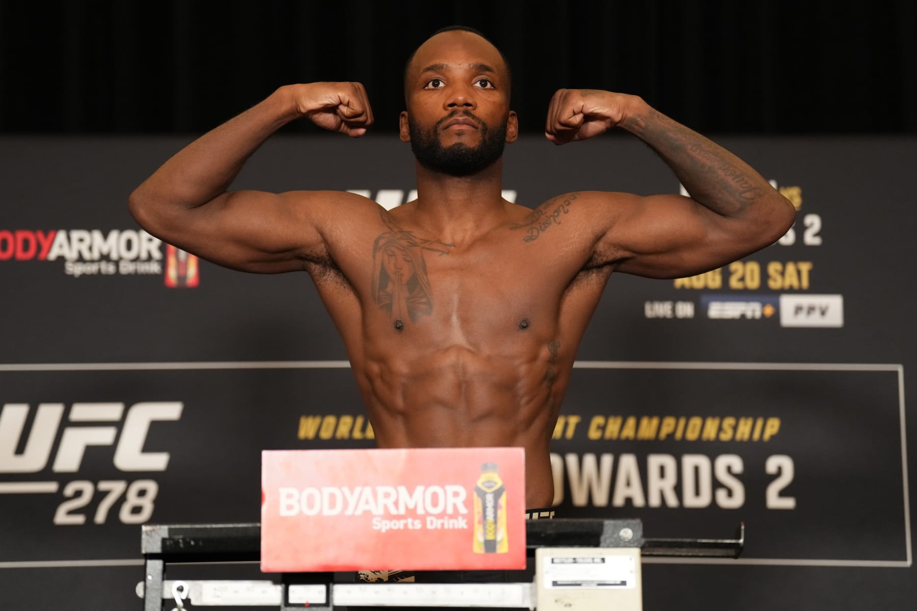SALT LAKE CITY, UTAH - AUGUST 19: Leon Edwards of Jamaica poses on the scale during the UFC 278 official weigh-in at Hilton Salt Lake City Center on August 19, 2022 in Salt Lake City, Utah. (Photo by Chris Unger/Zuffa LLC) SALT LAKE CITY, UTAH - AUGUST 19: Leon Edwards of Jamaica poses on the scale during the UFC 278 official weigh-in at Hilton Salt Lake City Center on August 19, 2022 in Salt Lake City, Utah. (Photo by Chris Unger/Zuffa LLC)