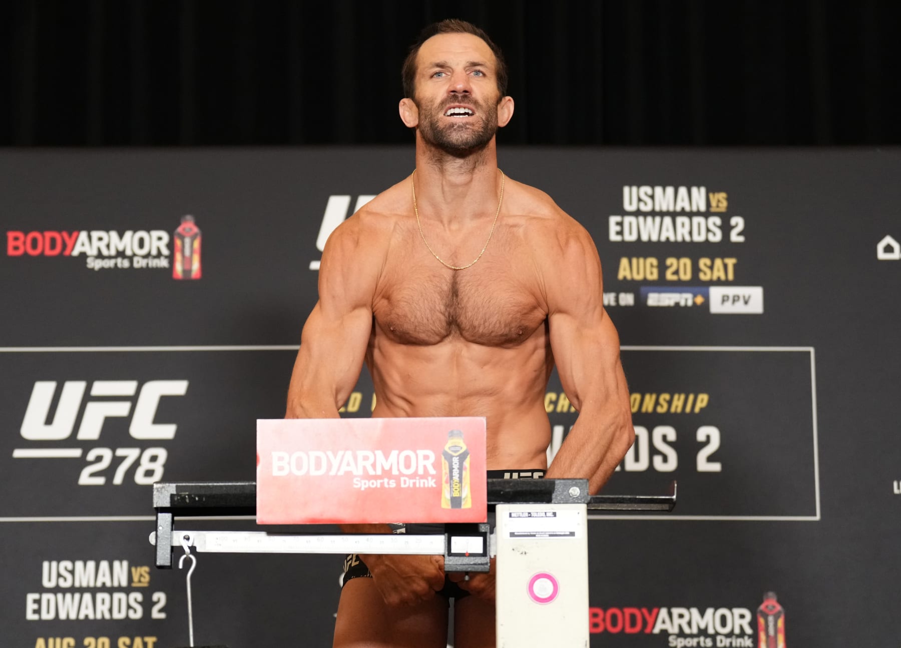 SALT LAKE CITY, UTAH - AUGUST 19: Luke Rockhold poses on the scale during the UFC 278 official weigh-in at Hilton Salt Lake City Center on August 19, 2022 in Salt Lake City, Utah. (Photo by Chris Unger/Zuffa LLC) SALT LAKE CITY, UTAH - AUGUST 19: Luke Rockhold poses on the scale during the UFC 278 official weigh-in at Hilton Salt Lake City Center on August 19, 2022 in Salt Lake City, Utah. (Photo by Chris Unger/Zuffa LLC)