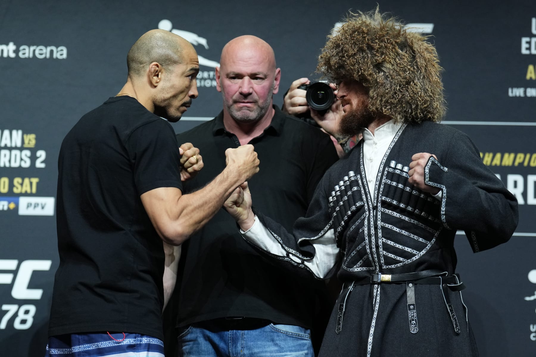 SALT LAKE CITY, UTAH - AUGUST 18: (L-R) Jose Aldo of Brazil and Merab Dvalishvili of Georgia face off during the UFC 278 press conference at Vivint Arena on August 18, 2022 in Salt Lake City, Utah. (Photo by Josh Hedges/Zuffa LLC) SALT LAKE CITY, UTAH - AUGUST 18: (L-R) Jose Aldo of Brazil and Merab Dvalishvili of Georgia face off during the UFC 278 press conference at Vivint Arena on August 18, 2022 in Salt Lake City, Utah. (Photo by Josh Hedges/Zuffa LLC)